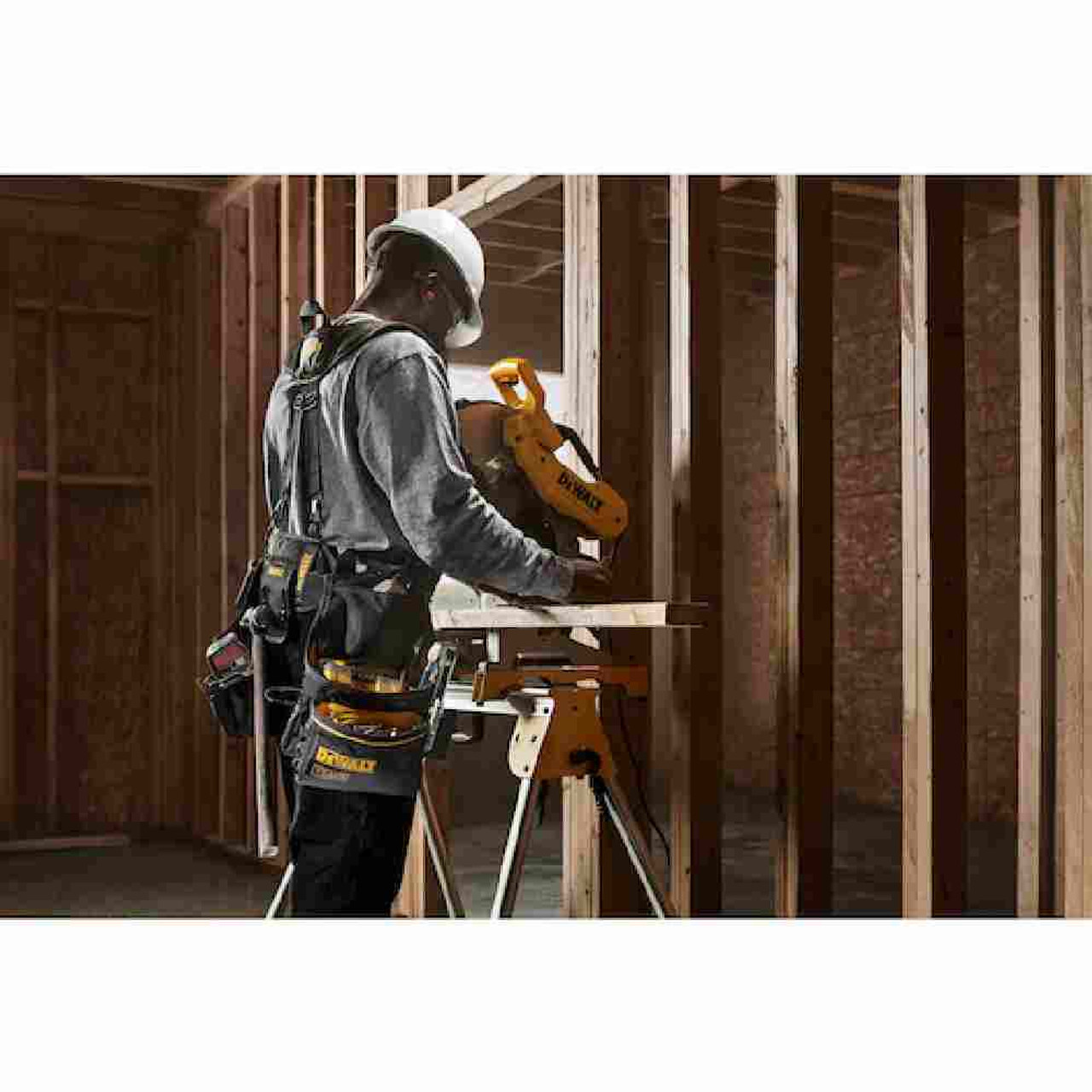 DeWalt DWST540602 Professional 26-Pocket Tool Rig with Suspenders showing with tools loaded in pouch mounted to a contractor foots belt (Tools sold separately)