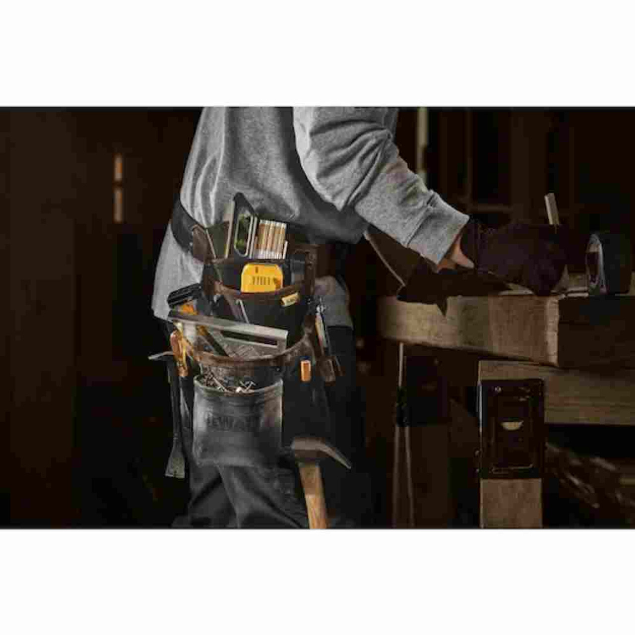 DeWalt DWST550115 Leather Tool Pouch  and Belt showing with tools loaded in pouch mounted to a contractor foots belt (Tools sold separately)