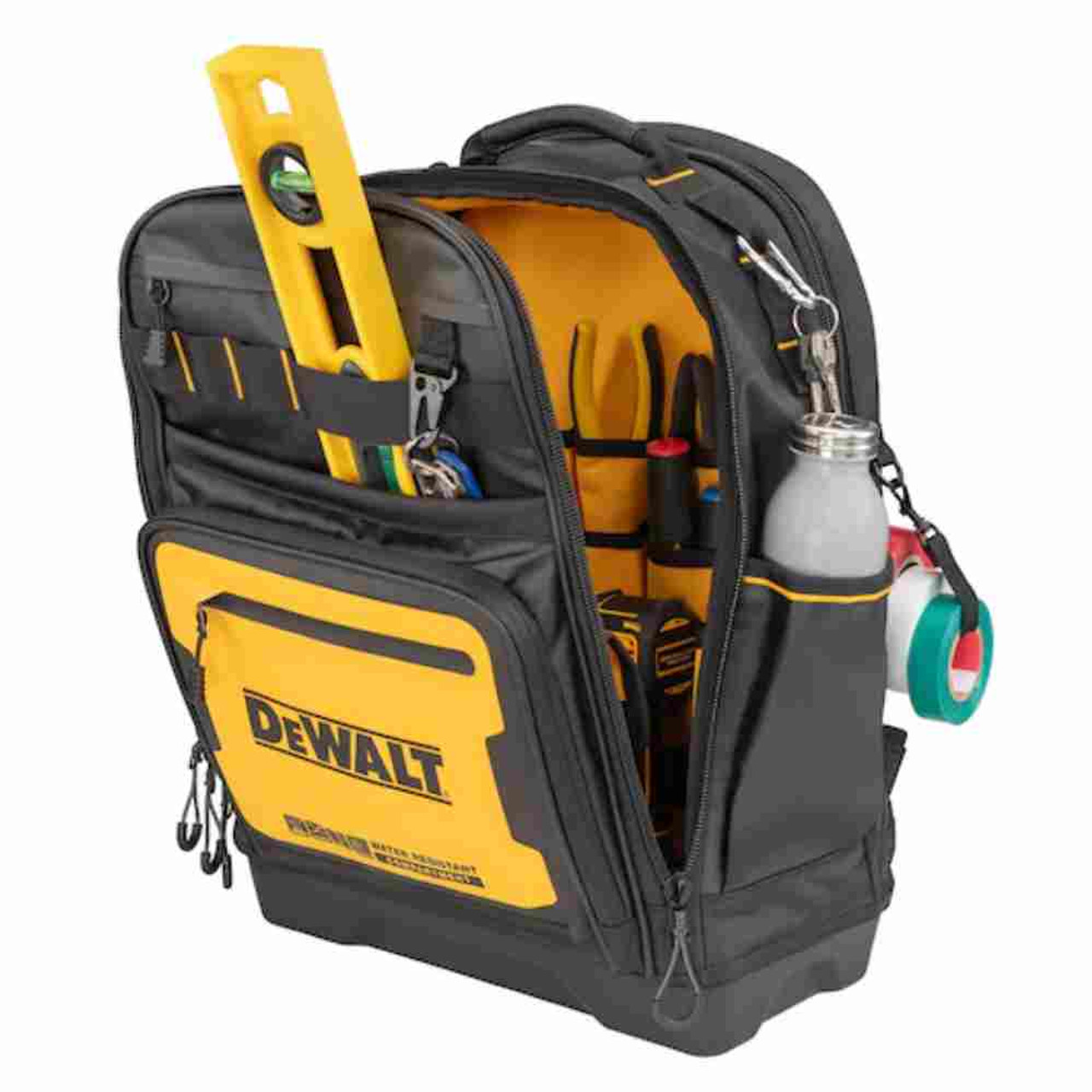 DeWalt DWST560102 Professional Backpack showing backpack partially opened with tools inside (Tools sold separately)