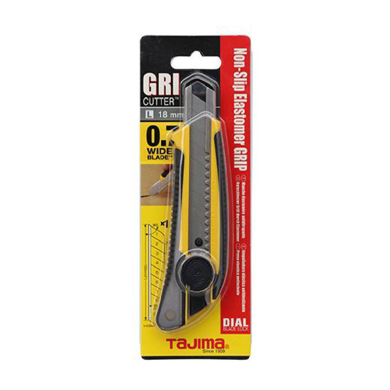 Tajima LC-561 Heavy Duty GRI 18mm Dial Lock Utility Knife with Endura Blades showing knife in packaging