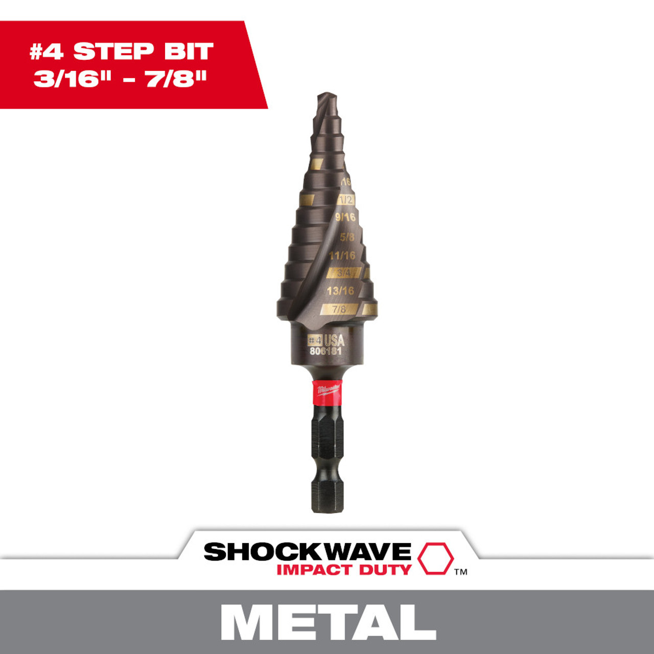 Milwaukee 48-89-9244 SHOCKWAVE Impact Duty #4 3/16 inch - 7/8 inch Step Drill Bit Milwaukee 48-89-9244 SHOCKWAVE Impact Duty #4 3/16 inch - 7/8 inch Step Drill Bit