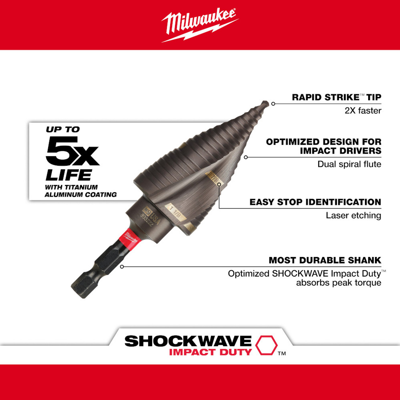 Milwaukee 48-89-9249 SHOCKWAVE Impact Duty #9 7/8 inch - 1-1/8 Inch Step Drill Bit Milwaukee 48-89-9249 SHOCKWAVE Impact Duty #9 7/8 inch - 1-1/8 Inch Step Drill Bit