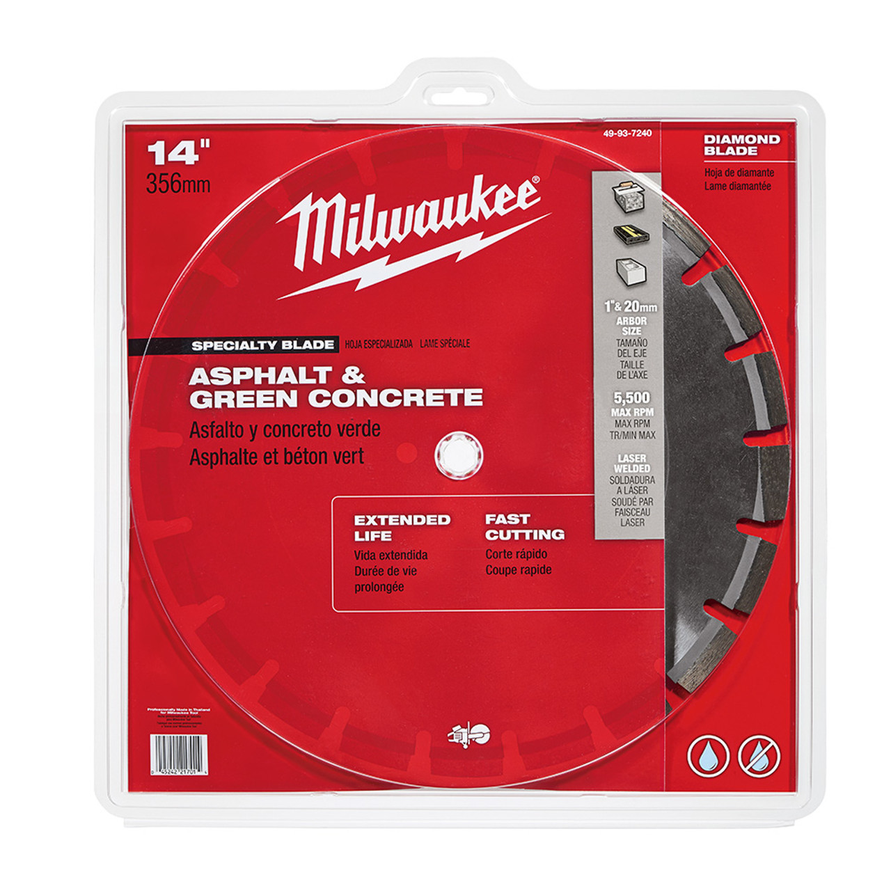 Milwaukee 49-93-7240 14 inch Diamond Asphalt  and Green Concrete Segmented Blade showing blade in packaging Milwaukee 49-93-7240 14 inch Diamond Asphalt  and Green Concrete Segmented Blade showing blade in packaging