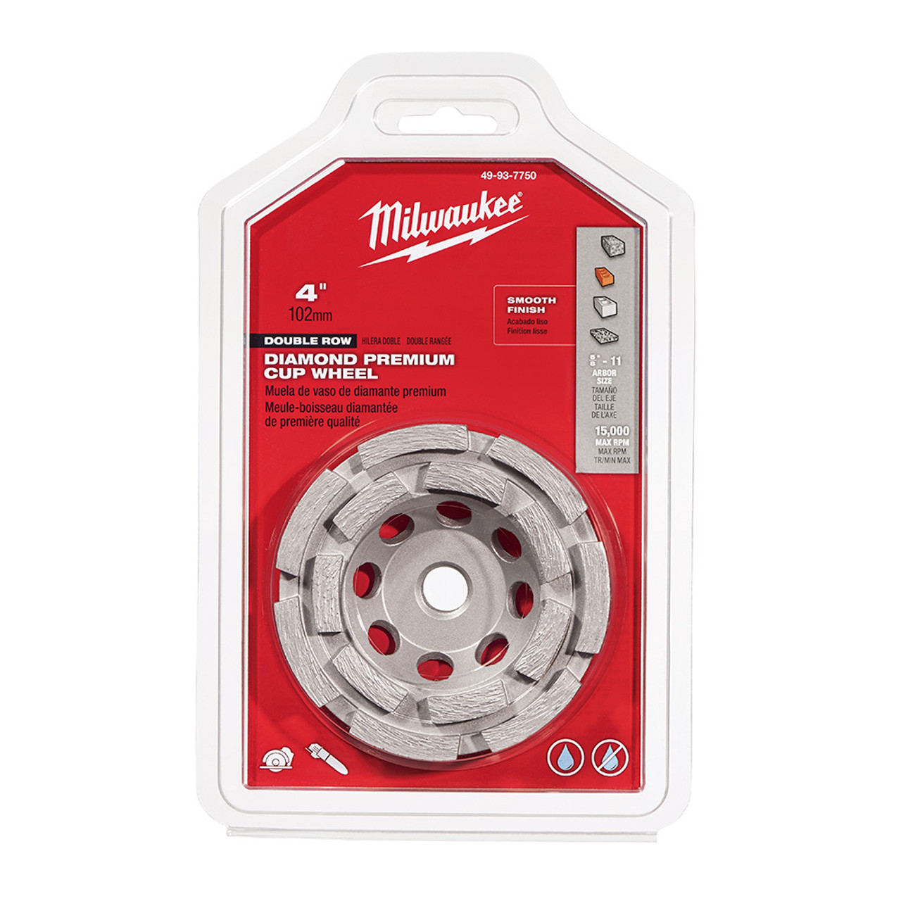 Milwaukee 4 inch Double Row Segmented Diamond Cup Wheel showing wheel in packaging Milwaukee 4 inch Double Row Segmented Diamond Cup Wheel showing wheel in packaging