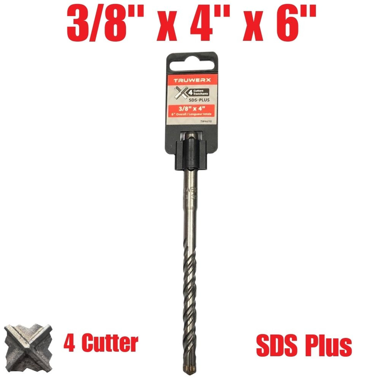 Truwerx 46110 3/8 Inch x 4 Inch  x 6 Inch SDS-Plus 4-Cutter Rotary Hammer Drill Bit
