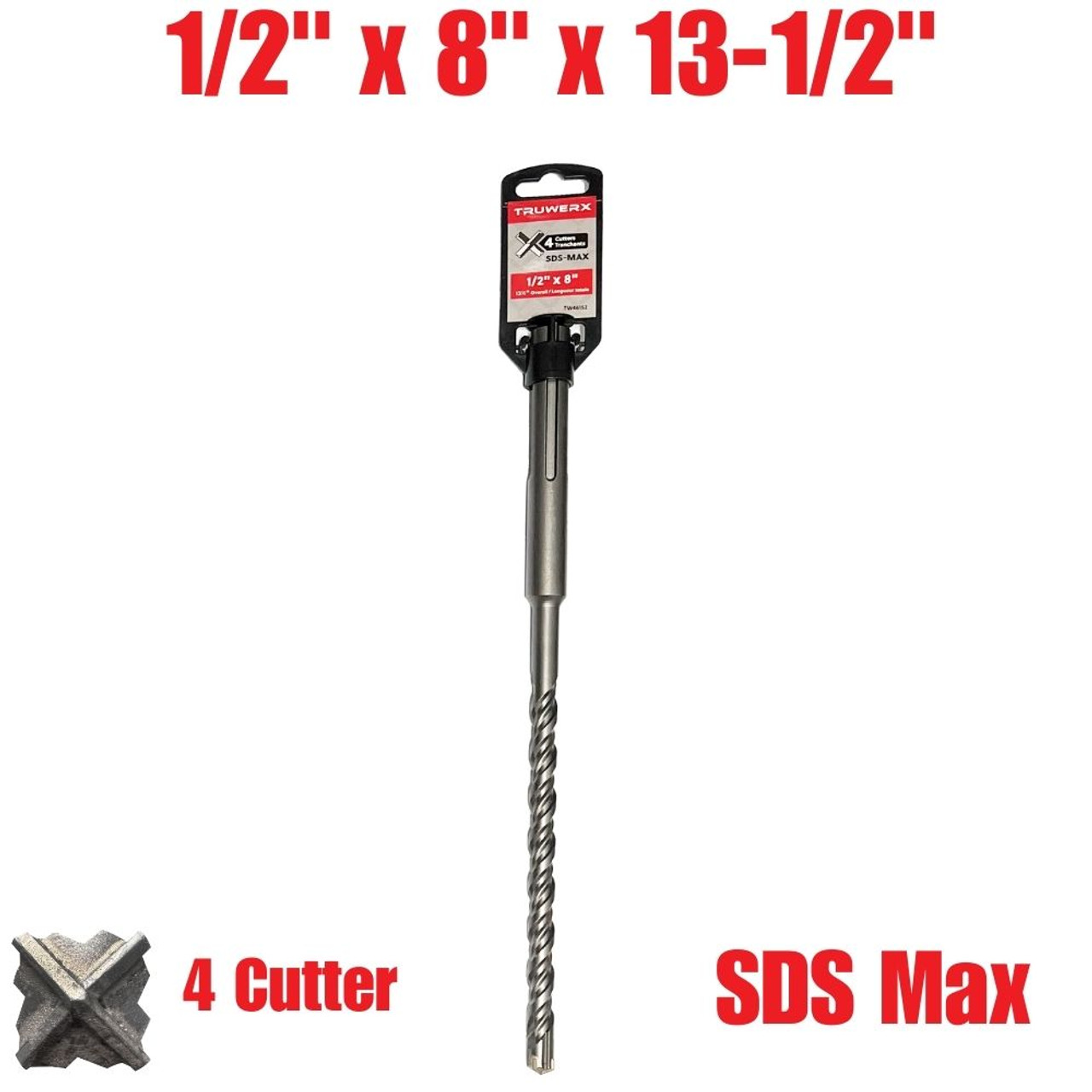 Truwerx 46152 1/2 Inch x 8 Inch  x 13-1/2 Inch SDS Max 4-Cutter Rotary Hammer Drill Bit