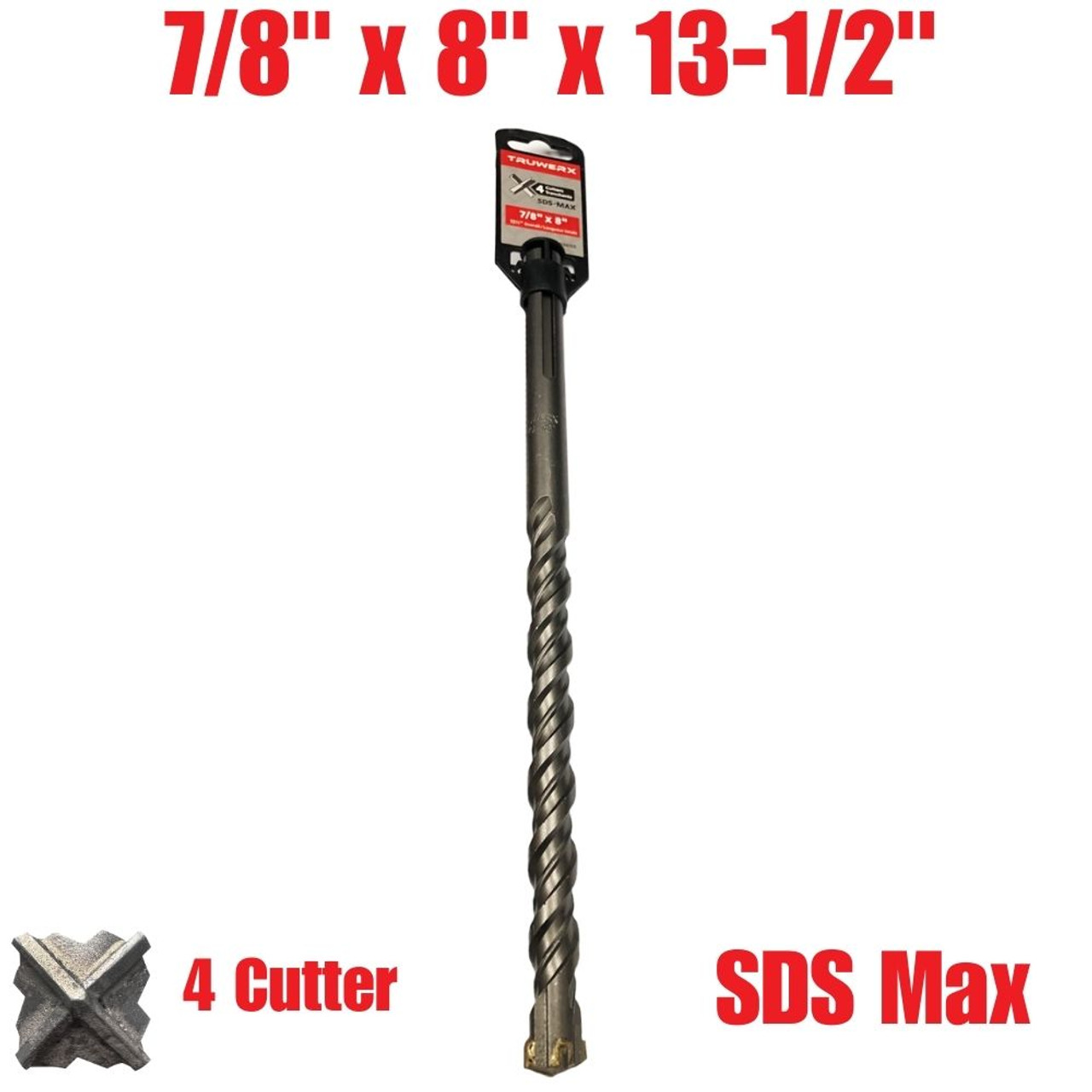 Truwerx 46155 7/8 Inch x 8 Inch  x 13-1/2 Inch SDS Max 4-Cutter Rotary Hammer Drill Bit