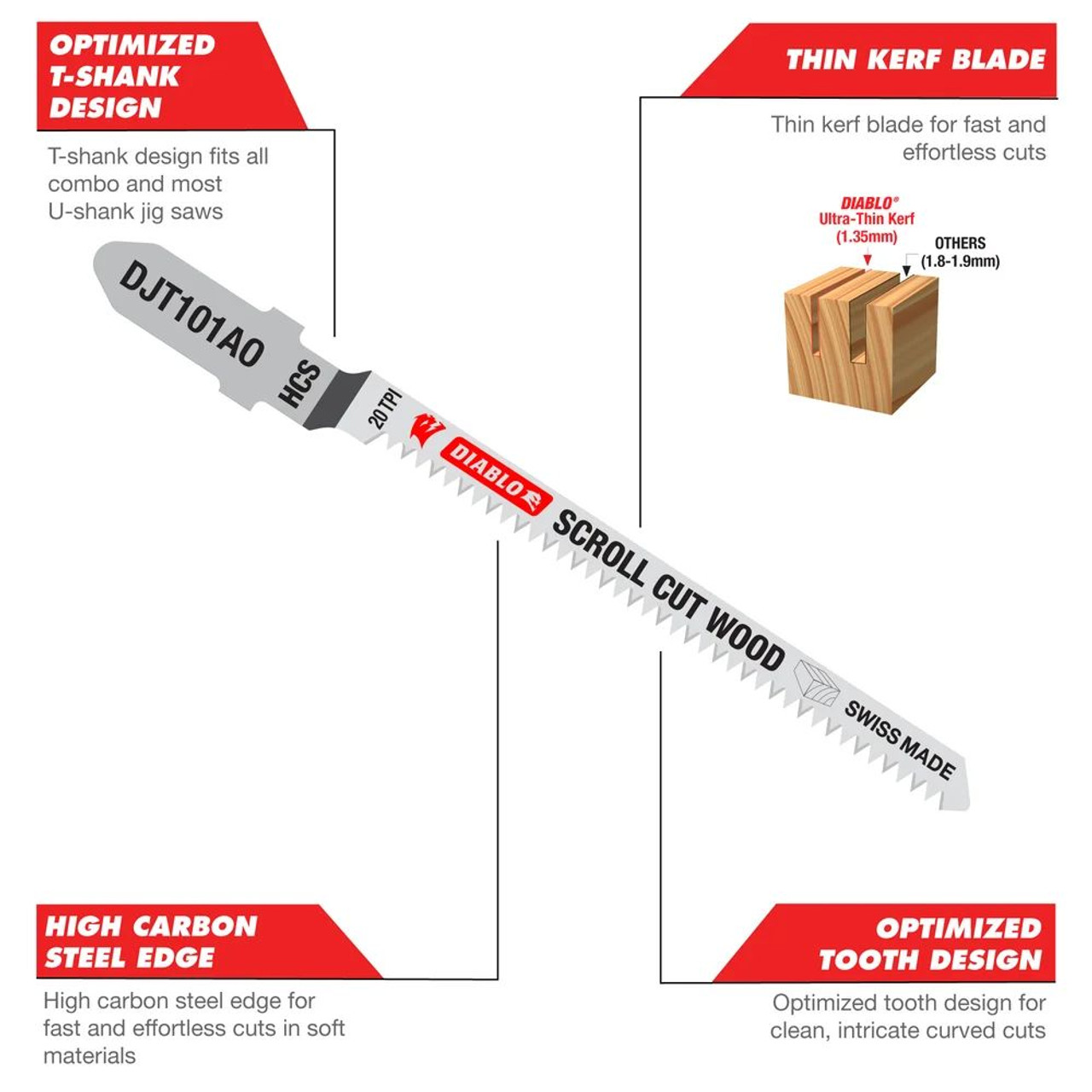 Diablo DJT101D5 4 inch 6 TPI HCS T-Shank Jig Saw Blades for Fast & Clean Wood Cutting - 5pk