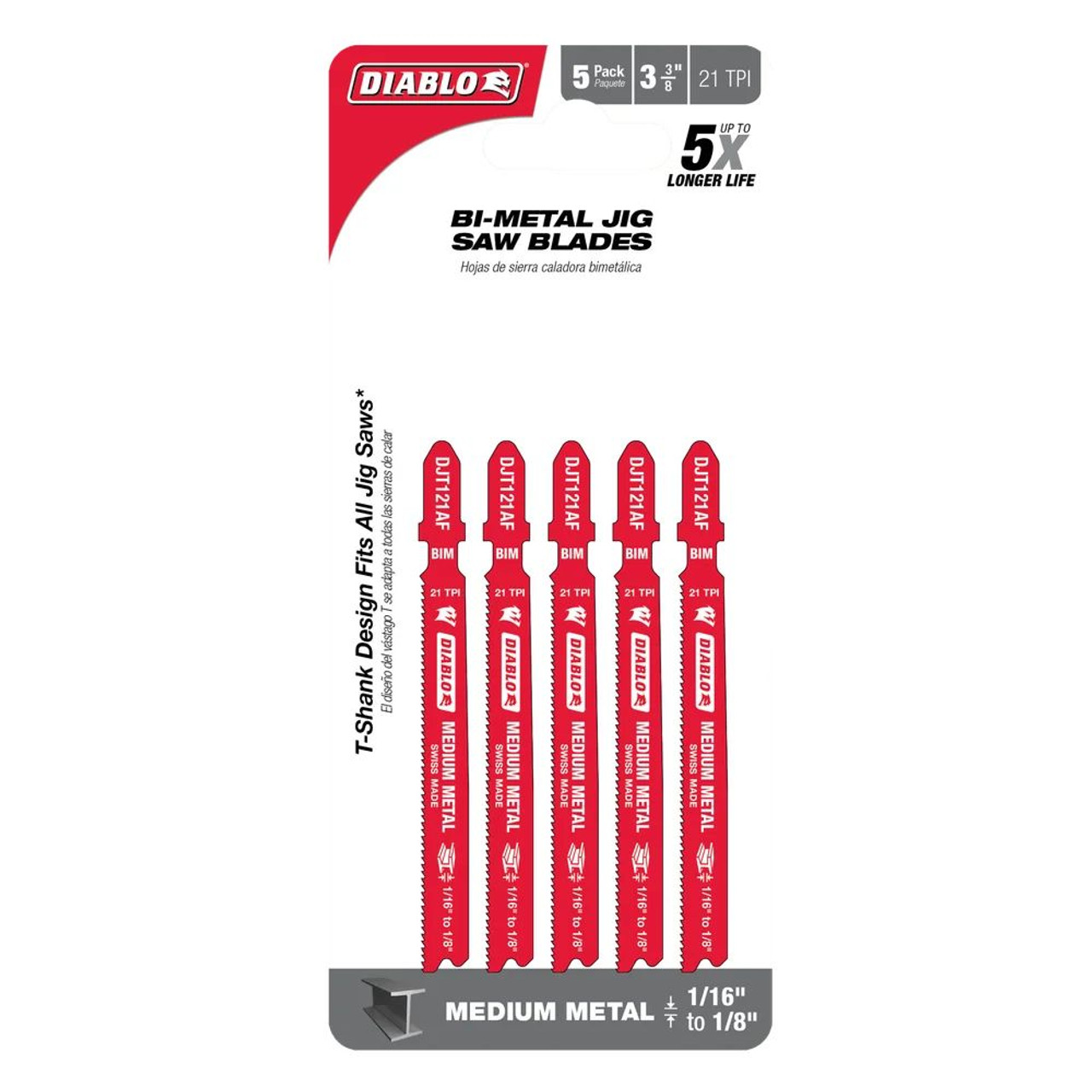 Diablo DJT121AF5 3-5/8 inch 21 TPI Bi-Metal T-Shank Jig Saw Blades for Medium Metal Cutting - 5pk Diablo DJT121AF5 3-5/8 inch 21 TPI Bi-Metal T-Shank Jig Saw Blades for Medium Metal Cutting - 5pk
