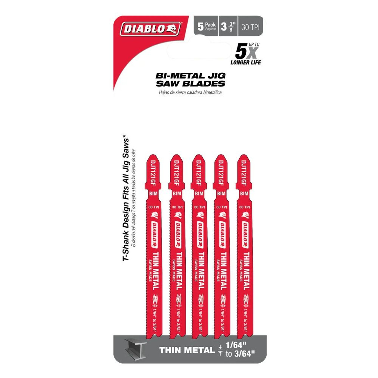 Diablo DJT121GF5 3-5/8 inch 21 TPI Bi-Metal T-Shank Jig Saw Blades for Thin Metal Cutting - 5pk