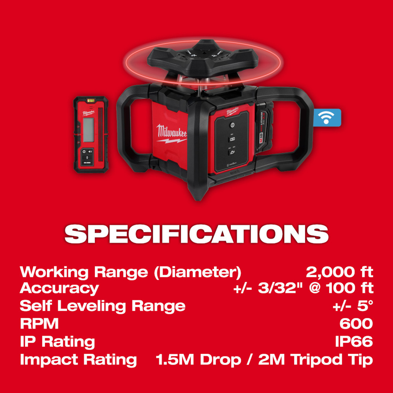 Milwaukee 3701-21 M18 Cordless 2000' Red Exterior Rotary Laser Level Kit with Receiver (Tool Only) Milwaukee 3701-21 M18 Cordless 2000' Red Exterior Rotary Laser Level Kit with Receiver (Tool Only)