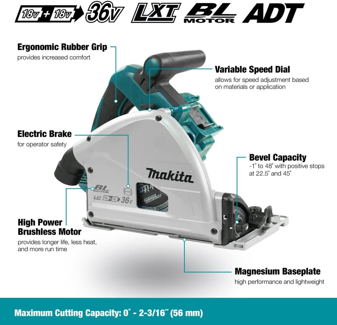 Makita DSP600ZJ 36V (18Vx2) LXT Cordless 6-1/2 inch Plunge Cut Circular Saw with Brushless Motor (Tool Only)