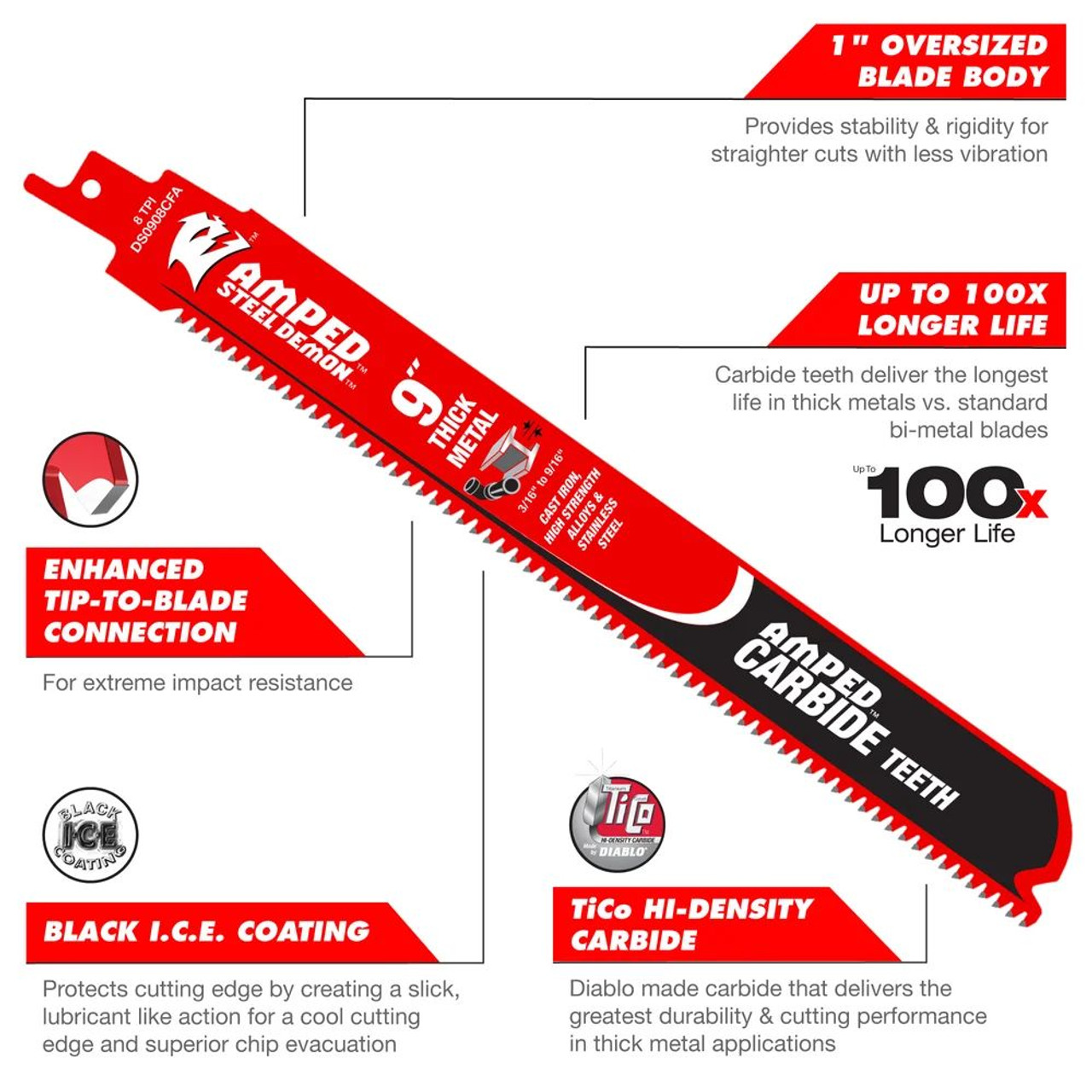 Diablo DS0908CFA3C Steel Demon AMPED 9 inch x 8 TPI Carbide Reciprocating Saw Blades for Thick Metal Cutting - 3pk