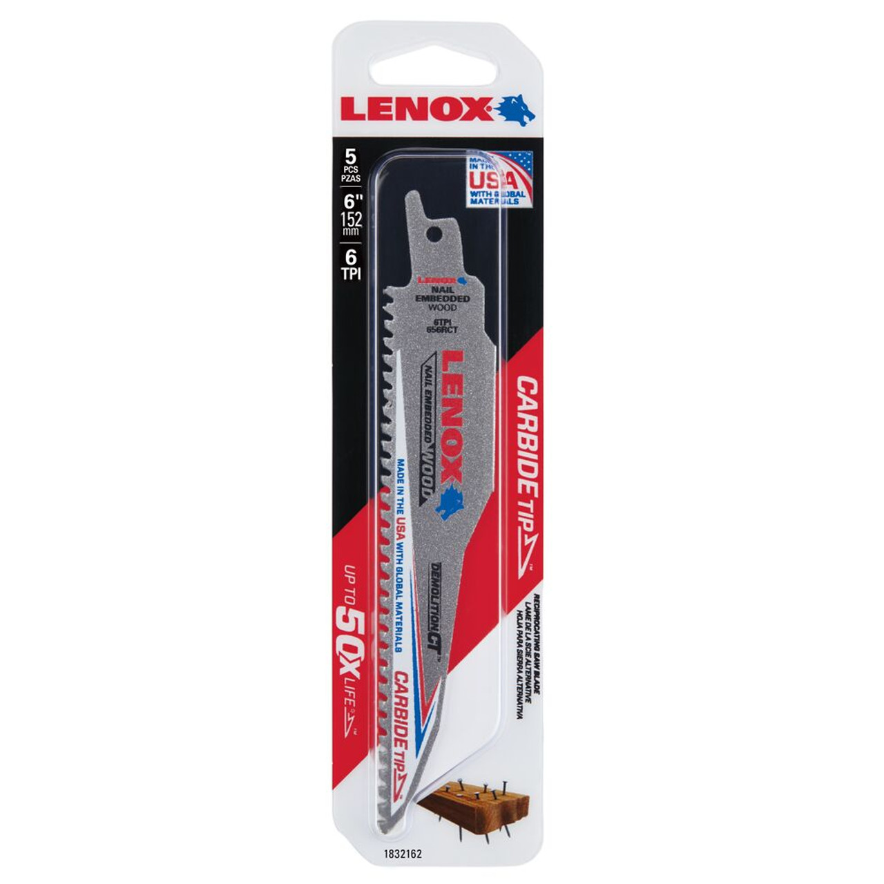 Lenox 1832162 6 Inch x 1 Inch x .050 Inch 6 TPI Demolition CT Reciprocating Saw Blades for Nail Embedded Wood Cutting - 5pk