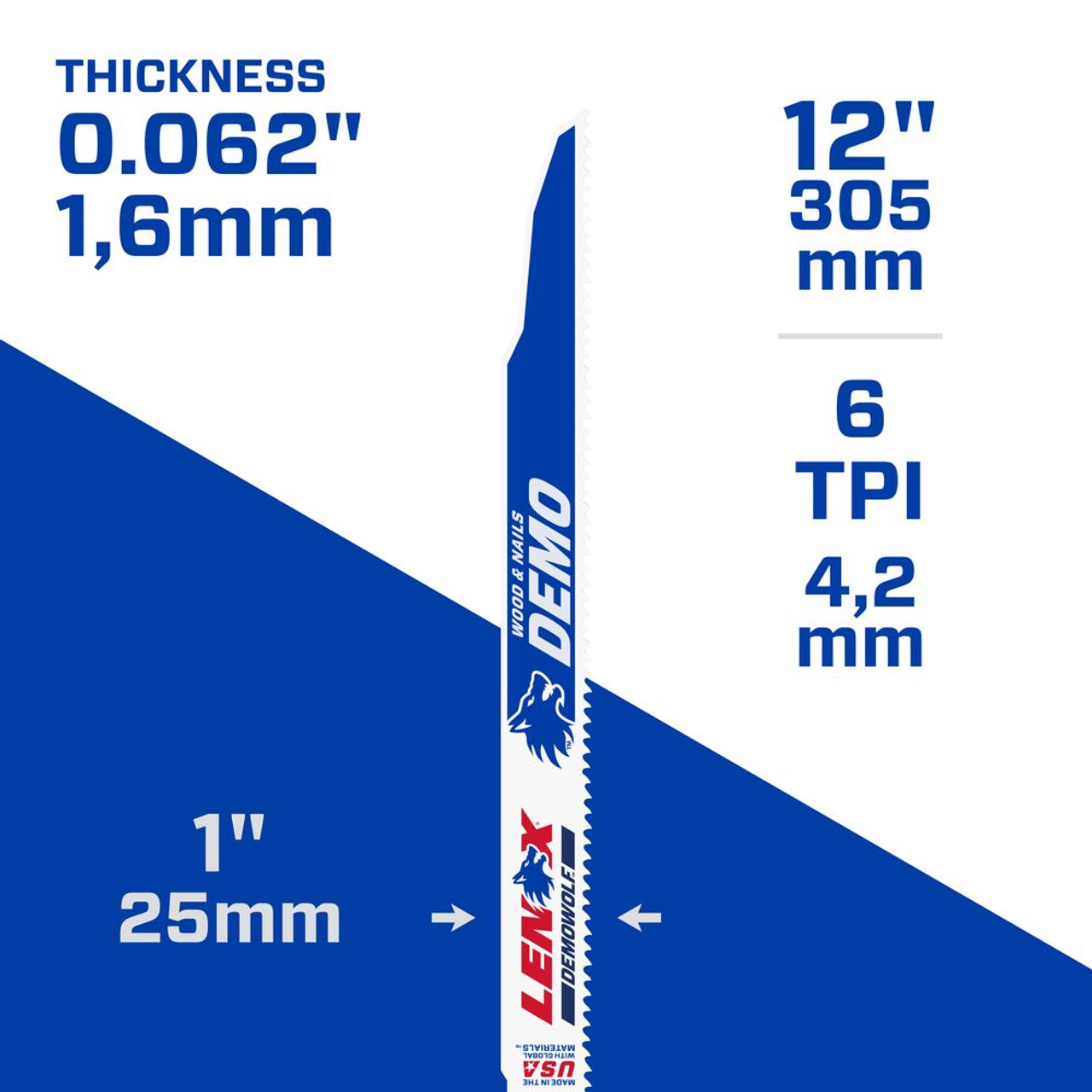 Lenox 20373106R5 DemoWolf  12 inch x 1 inch x .062 inch 6 TPI Reciprocating Saw Blades for Demolition - 5pk