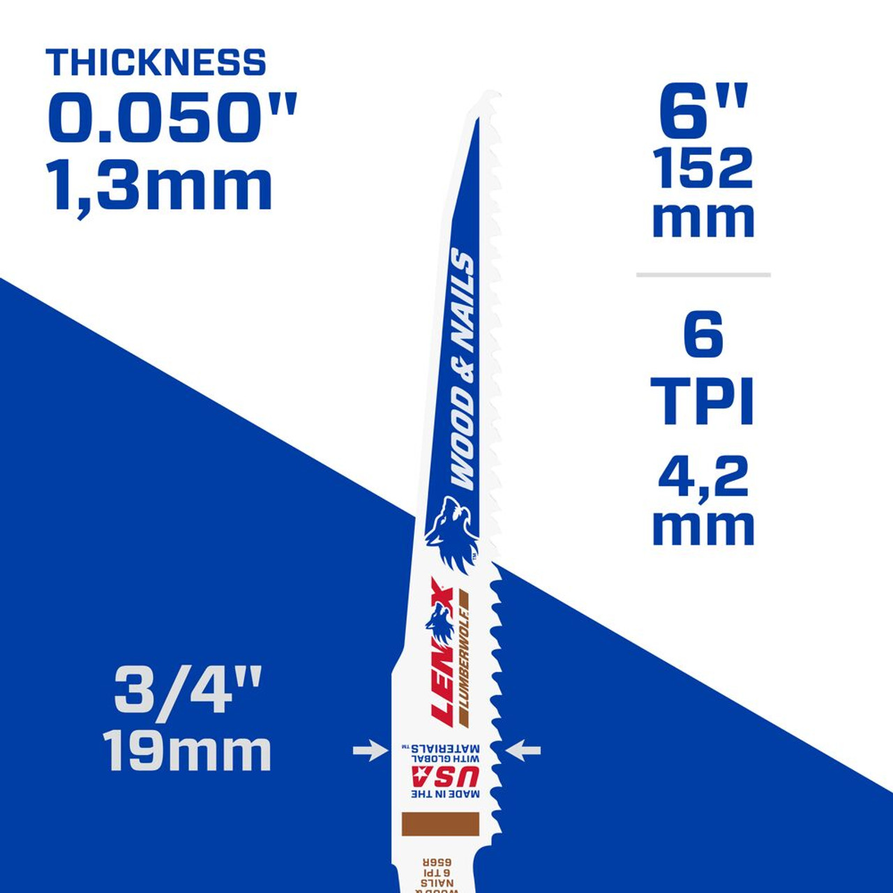 Lenox 20572656R LumberWolf  6 inch x 3/4 inch x .050 inch 6 TPI Reciprocating Saw Blades for Nail Embedded Wood - 5pk