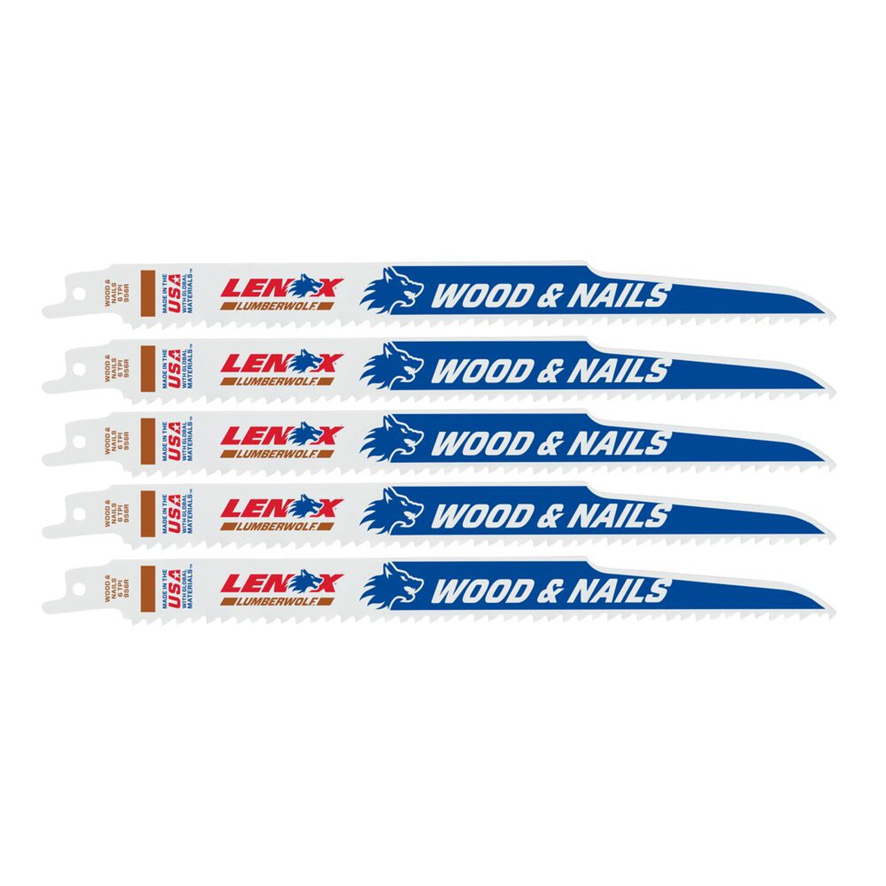 Lenox 20582956R LumberWolf  9 Inch x 3/4 Inch x .050 Inch 6 TPI Reciprocating Saw Blades for Nail Embedded Wood - 5pk