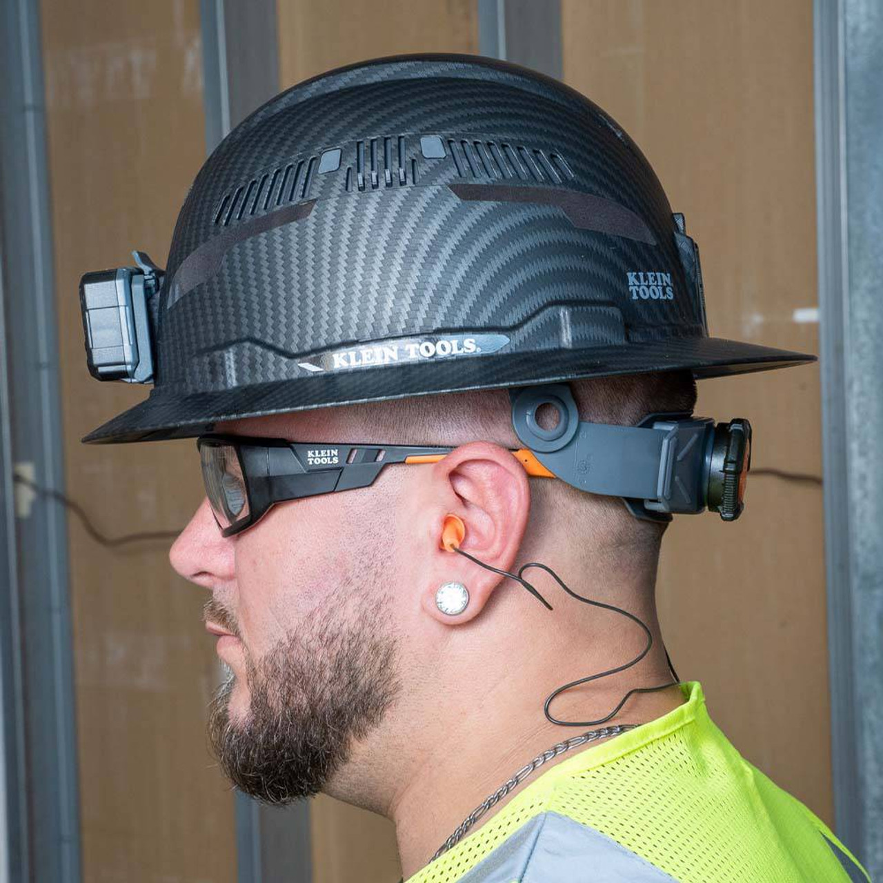 Klein Tools 6050350 Corded Earplugs - 50-Pair Dispenser Pack  showing earplugs being worn (all other safety equipment sold separately)