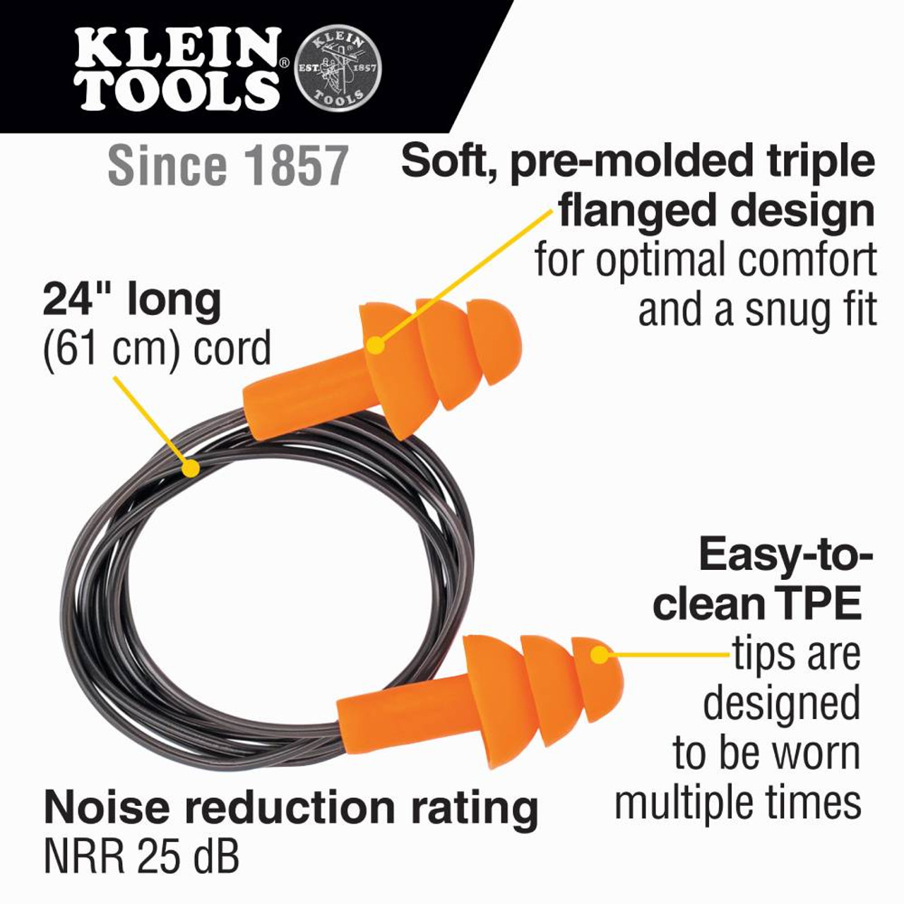 Klein Tools 6050350 Corded Earplugs - 50-Pair Dispenser Pack showing features of the earplugs
