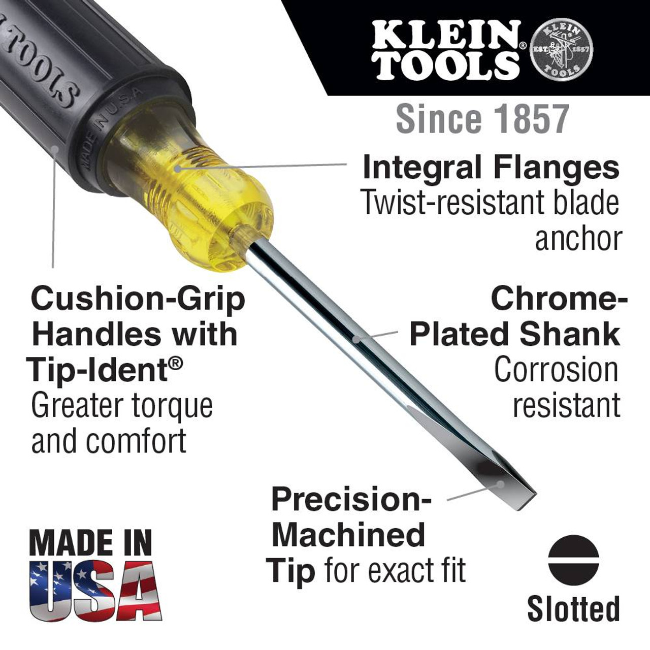 Klein Tools 605-4 1/4-inch x 4-inch Cabinet Tip Round Shank Slotted Screwdriver showing features of the screwdriver
