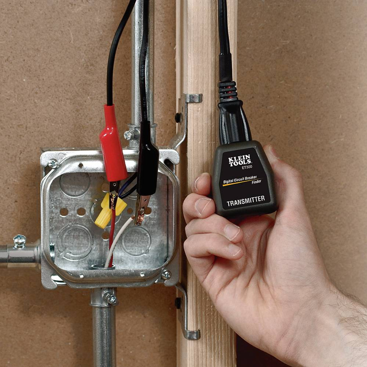 Klein Tools 69411 Circuit Breaker Finder Accessory Kit showing in use on bare wires (Transmitter sold separately)