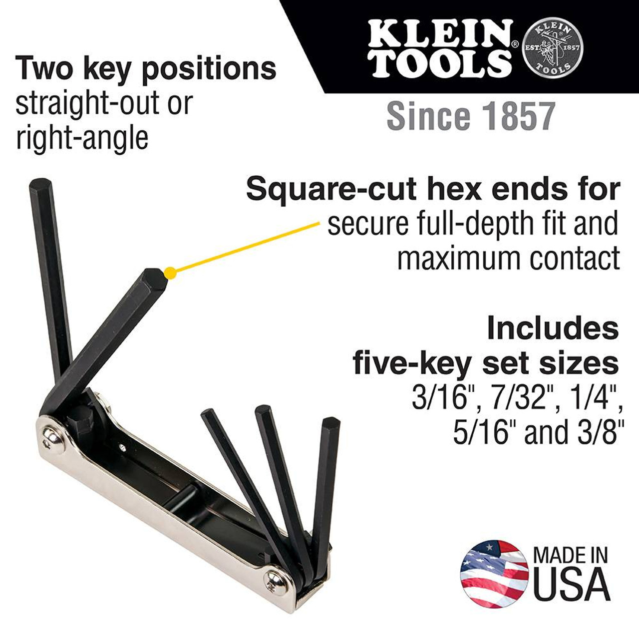 Klein Tools 70579 5-Key SAE Folding Hex Key Set showing features of the hex key set