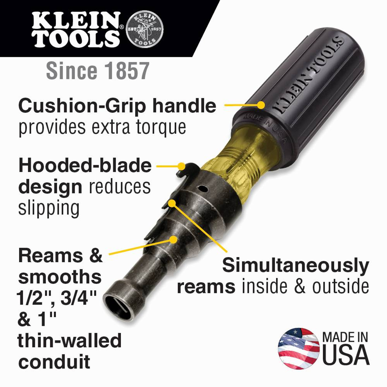 Klein Tools 85191 Conduit Fitting and Reaming Screwdriver showing features of the screwdriver reamer