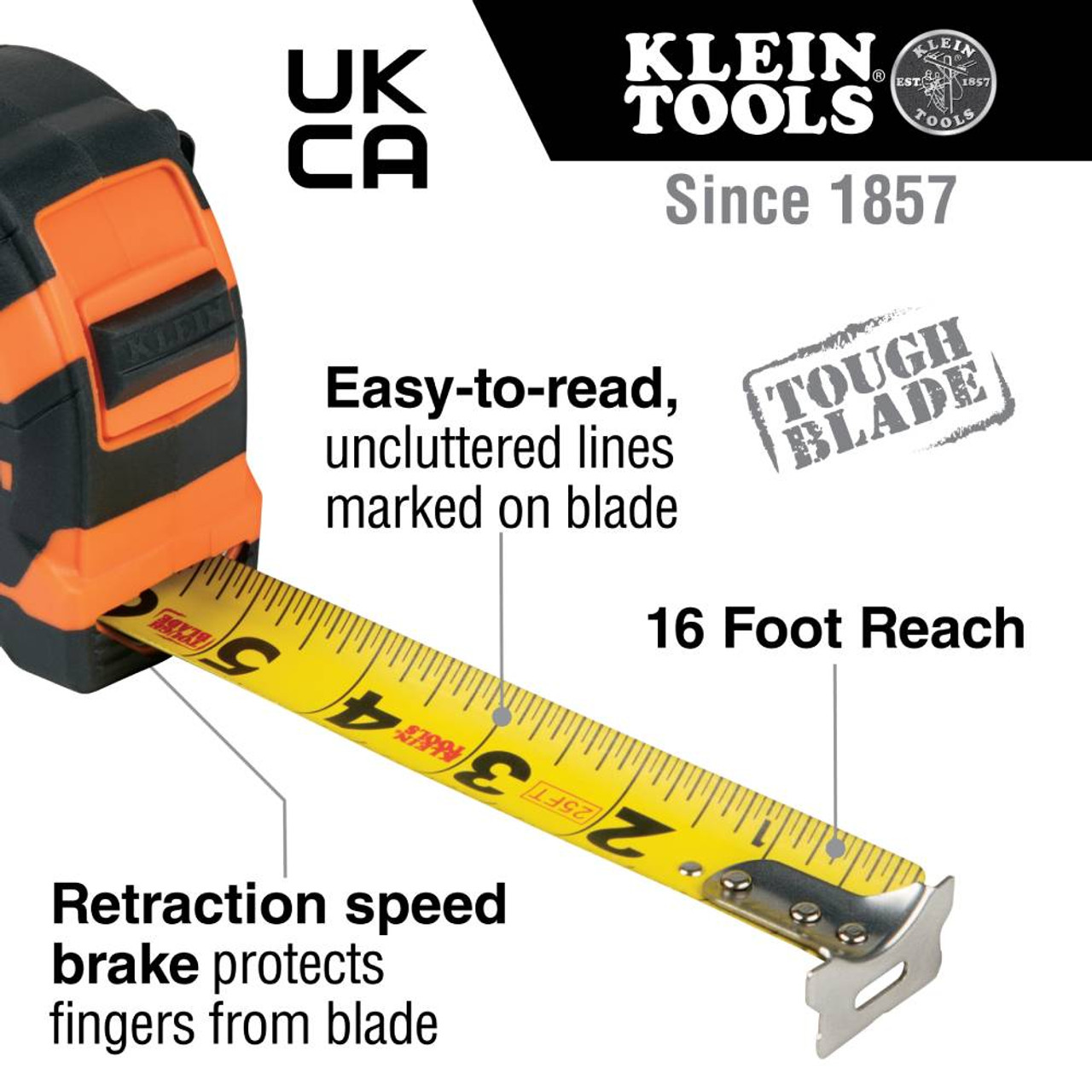 Klein Tools 9125 25-feet Single-Hook Tape Measure showing features of the tape measure