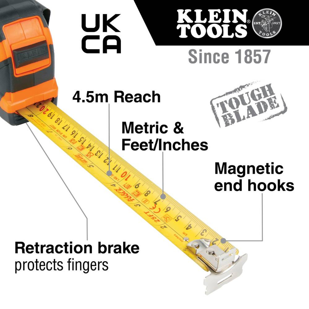 Klein Tools 9375 25-feet/7.5-meter Magnetic Double-Hook Tape Measure showing features of the tape measure