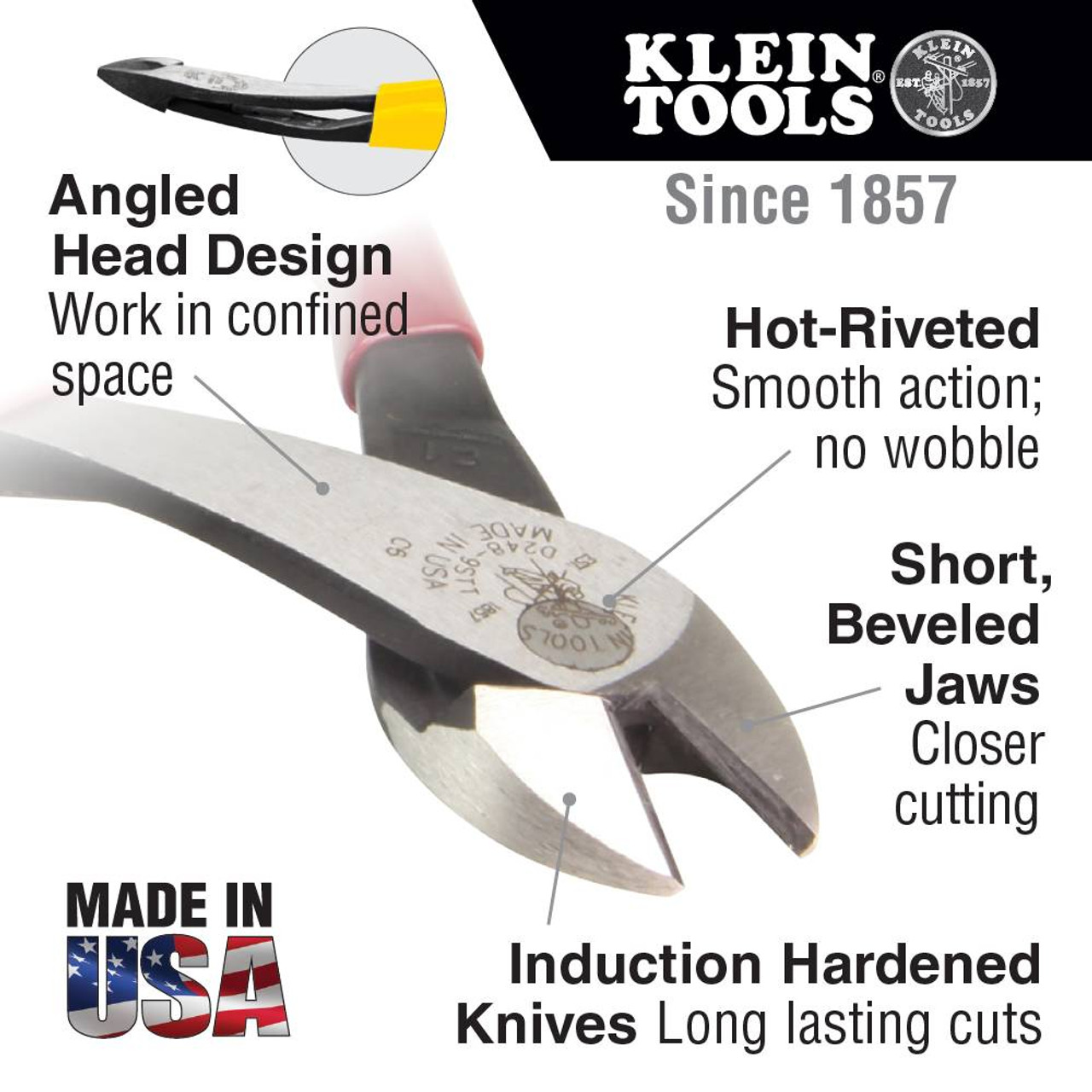Klein Tools J2000-48 2000 Series 8 inch Angled-Head Diagonal-Cutting Pliers showing featured of the cutters Klein Tools J2000-48 2000 Series 8 inch Angled-Head Diagonal-Cutting Pliers showing featured of the cutters