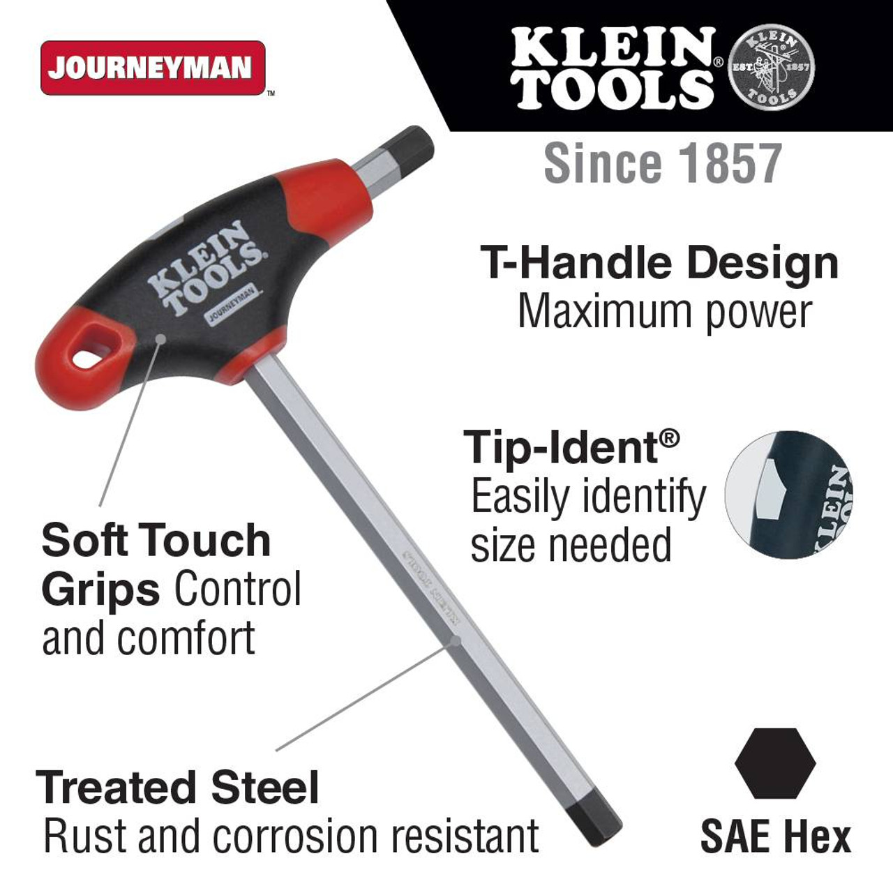 Klein Tools JTH6E14 6-inch x 5/16 inch Hex Key with Journeyman T-Handle showing features Klein Tools JTH6E14 6-inch x 5/16 inch Hex Key with Journeyman T-Handle showing features