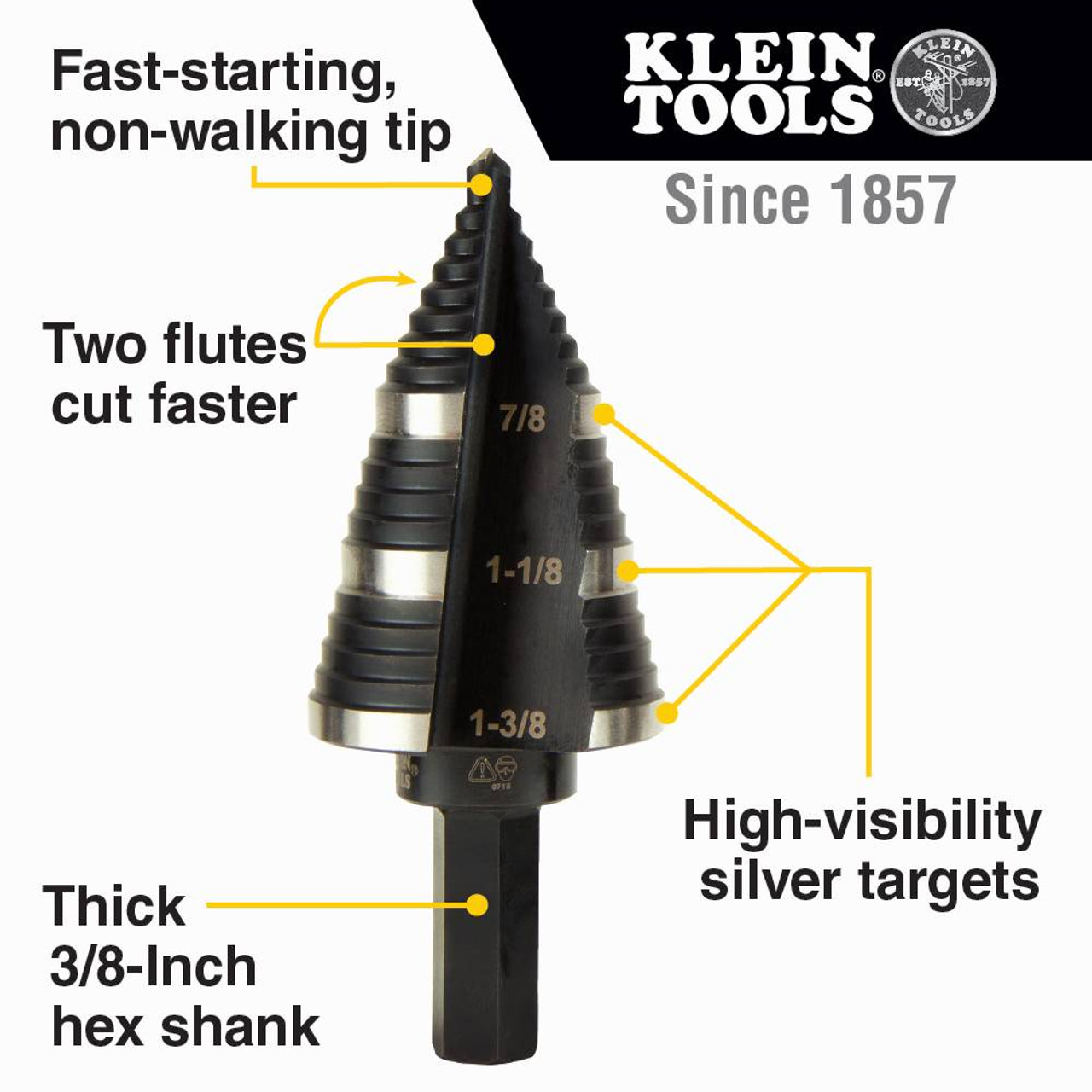 Klein Tools KTSB14 #14 12-Step 3/16-inch to 7/8-inch Double-Fluted High-Speed Step Drill Bit showing features Klein Tools KTSB14 #14 12-Step 3/16-inch to 7/8-inch Double-Fluted High-Speed Step Drill Bit showing features