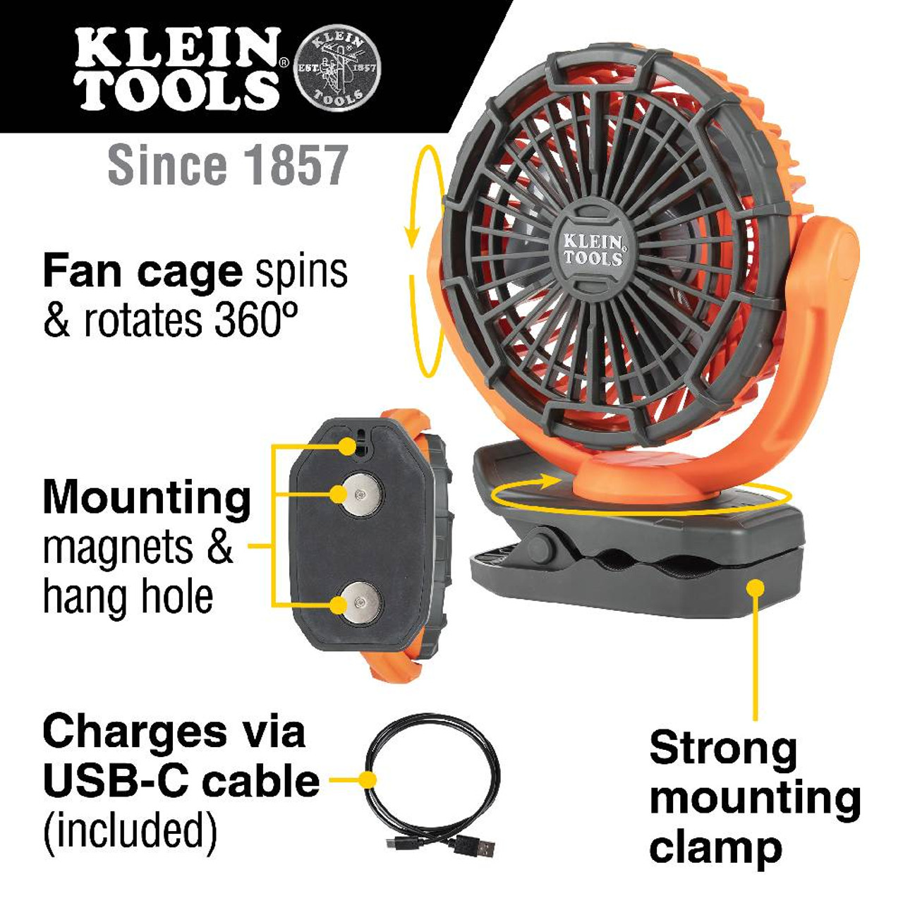 Klein Tools PJSFM1 10-1/2-inch Rechargeable Personal Jobsite Fan showing features