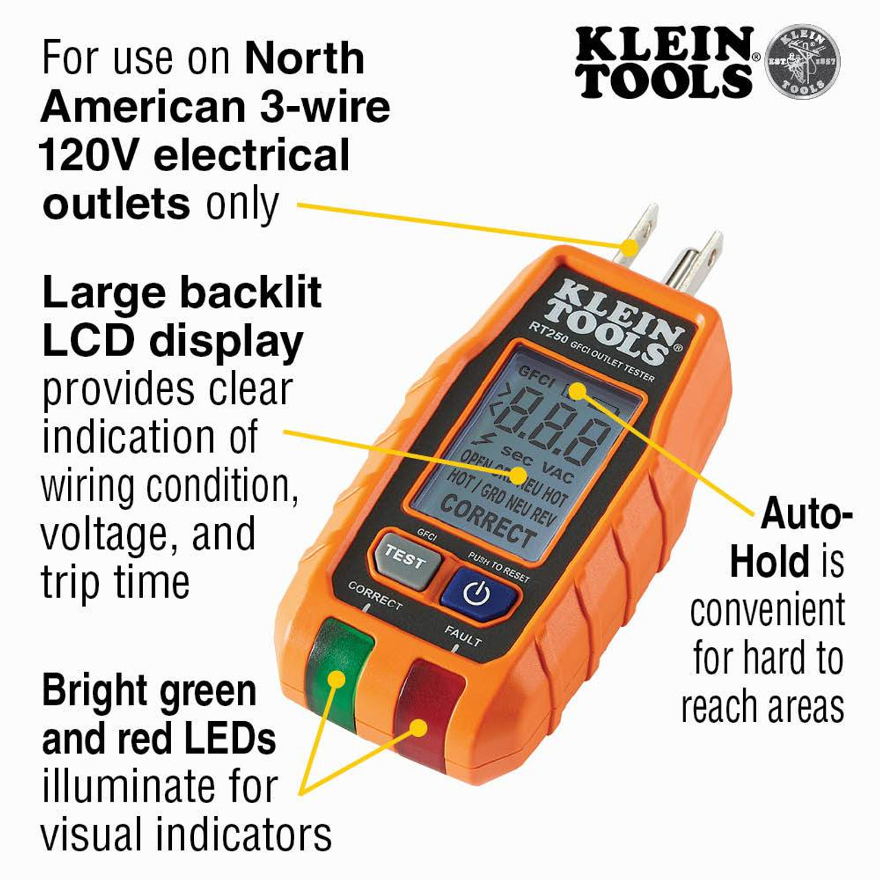 Klein Tools RT250 GFCI Receptacle Tester with LCD showing features of the tester