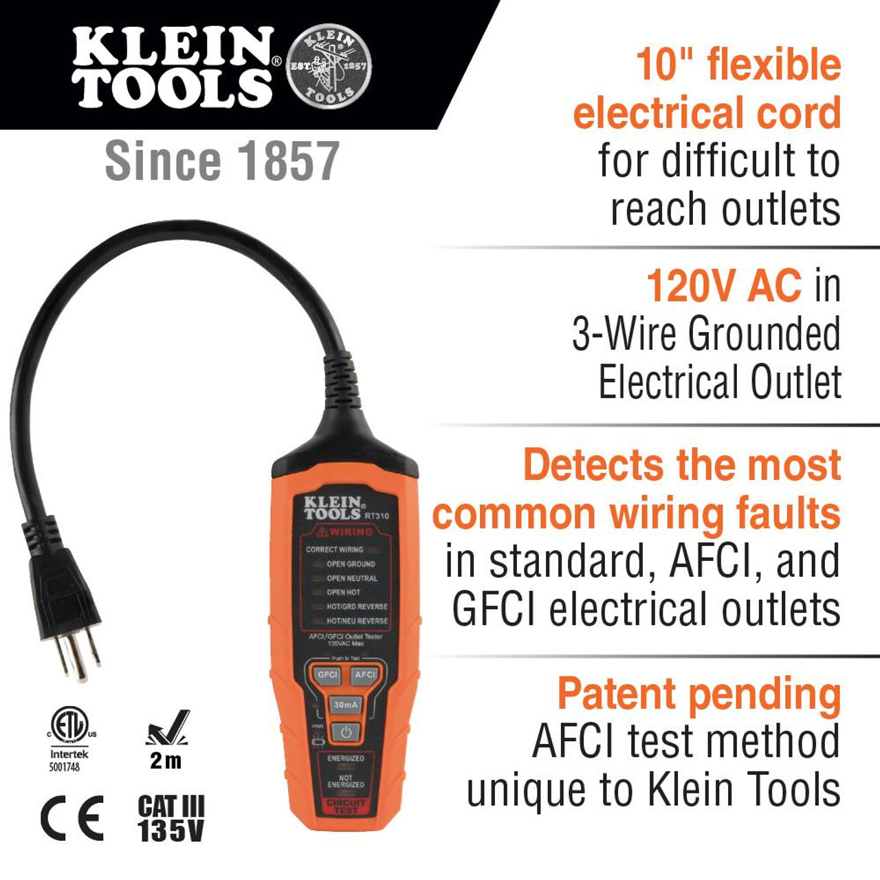 Klein Tools RT310 AFCI/GFCI Outlet Tester showing features of the tester