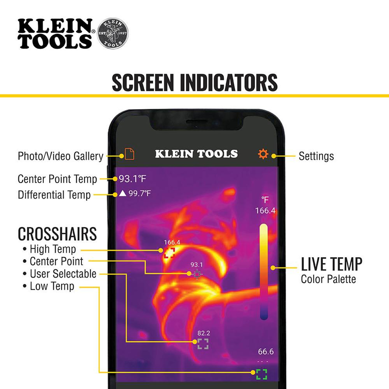 Klein Tools TI222 Thermal Imager for iOS Devices showing the mobile device read-out of the imager Klein Tools TI222 Thermal Imager for iOS Devices showing the mobile device read-out of the imager