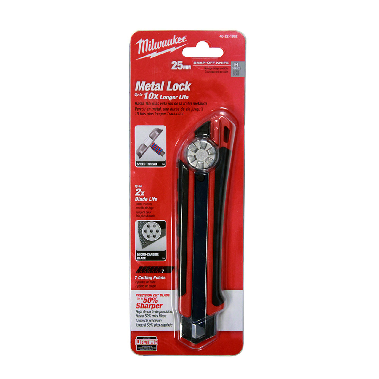 Milwaukee 48-22-1962 25mm Snap Off Knife with Metal Lock and Precision Cut Blade showing knife in packaging