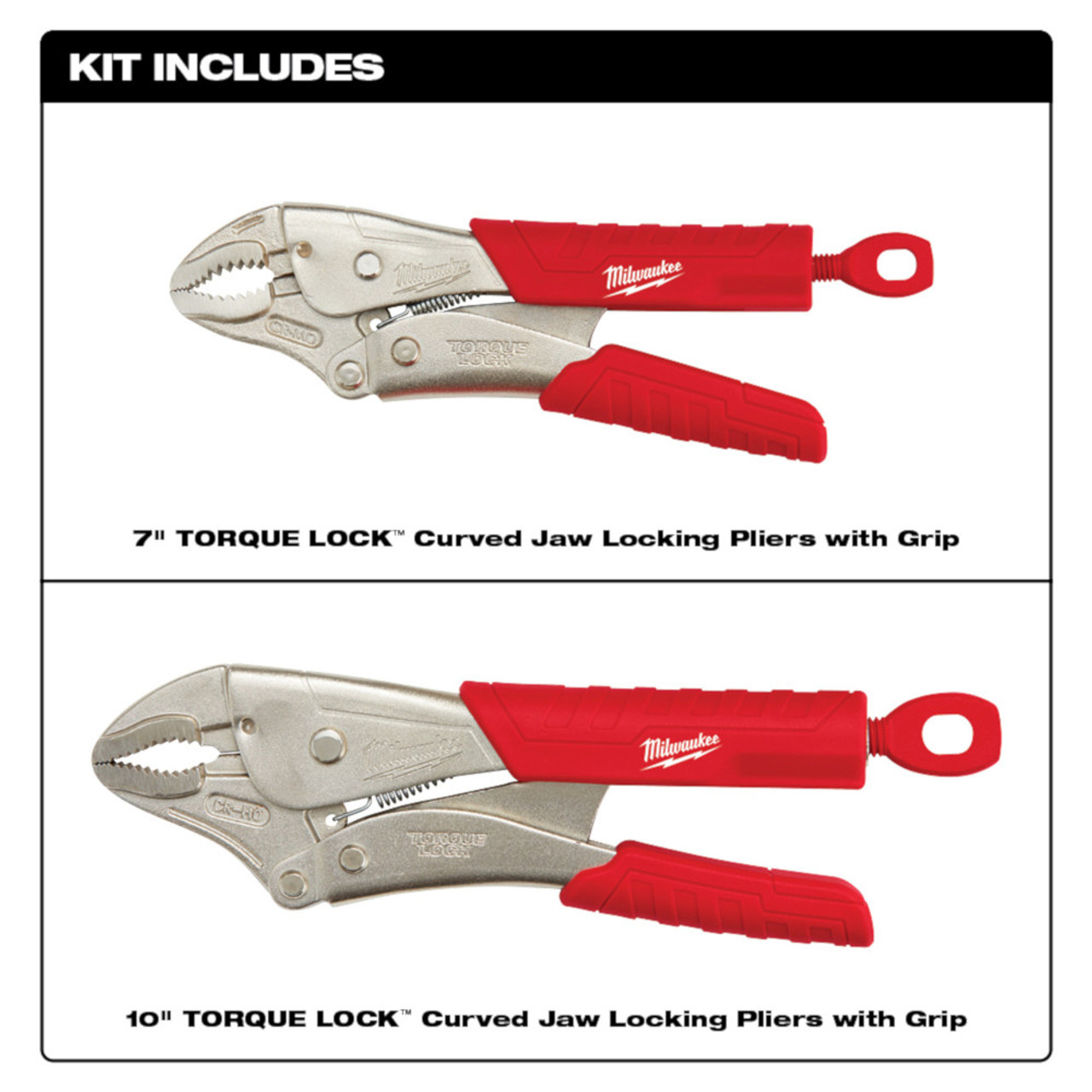 Milwaukee 48-22-3402 7 inch  and 10 inch TORQUE LOCK Curved Jaw Locking Pliers with Grip Set  showing inclusions of the set Milwaukee 48-22-3402 7 inch  and 10 inch TORQUE LOCK Curved Jaw Locking Pliers with Grip Set  showing inclusions of the set