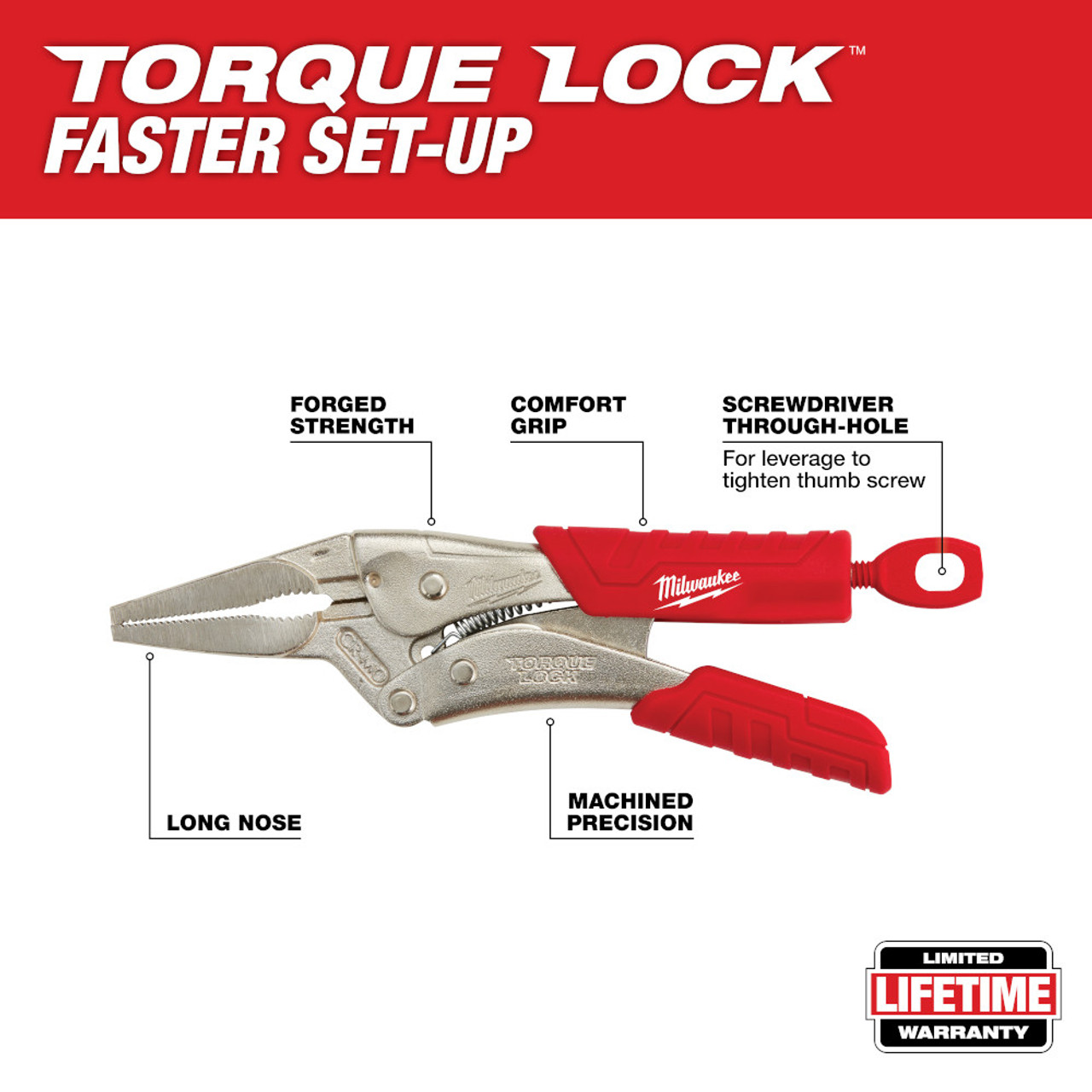Milwaukee 48-22-3406 6 inch TORQUE LOCK Long Nose Locking Pliers with Grip showing features of the pliers Milwaukee 48-22-3406 6 inch TORQUE LOCK Long Nose Locking Pliers with Grip showing features of the pliers