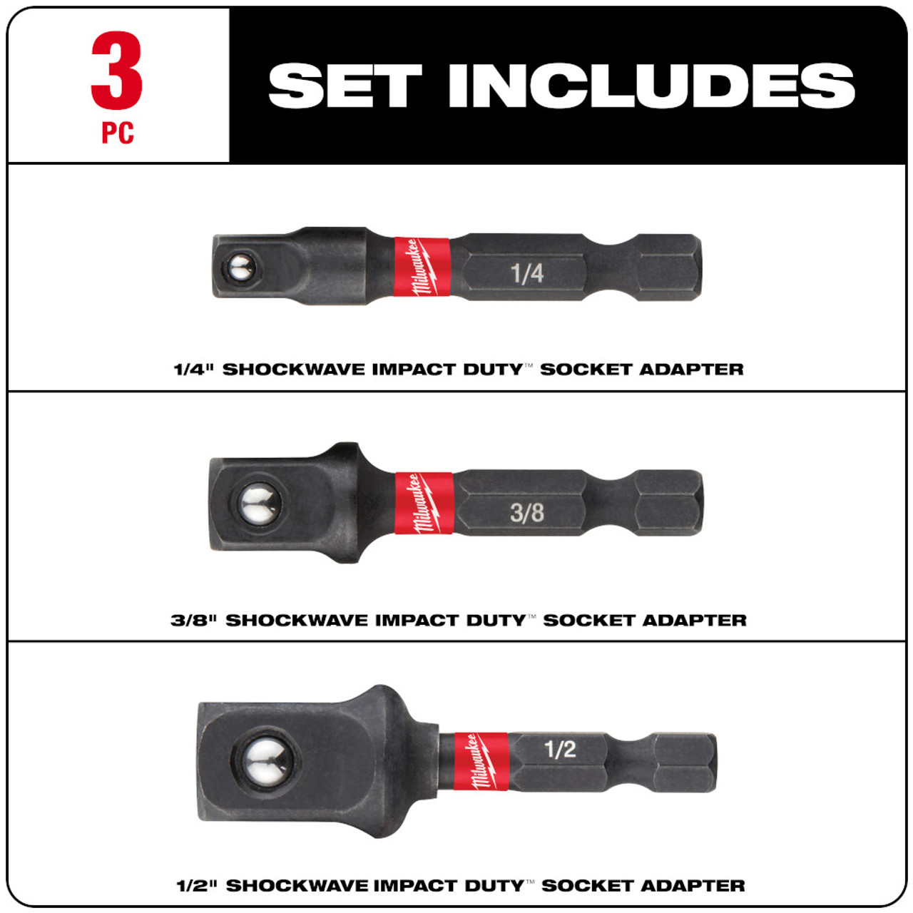 Milwaukee 48-32-5033 SHOCKWAVE Impact Duty 3pc 2 inch Square Socket Adapter Set showing inclusions of the set Milwaukee 48-32-5033 SHOCKWAVE Impact Duty 3pc 2 inch Square Socket Adapter Set showing inclusions of the set