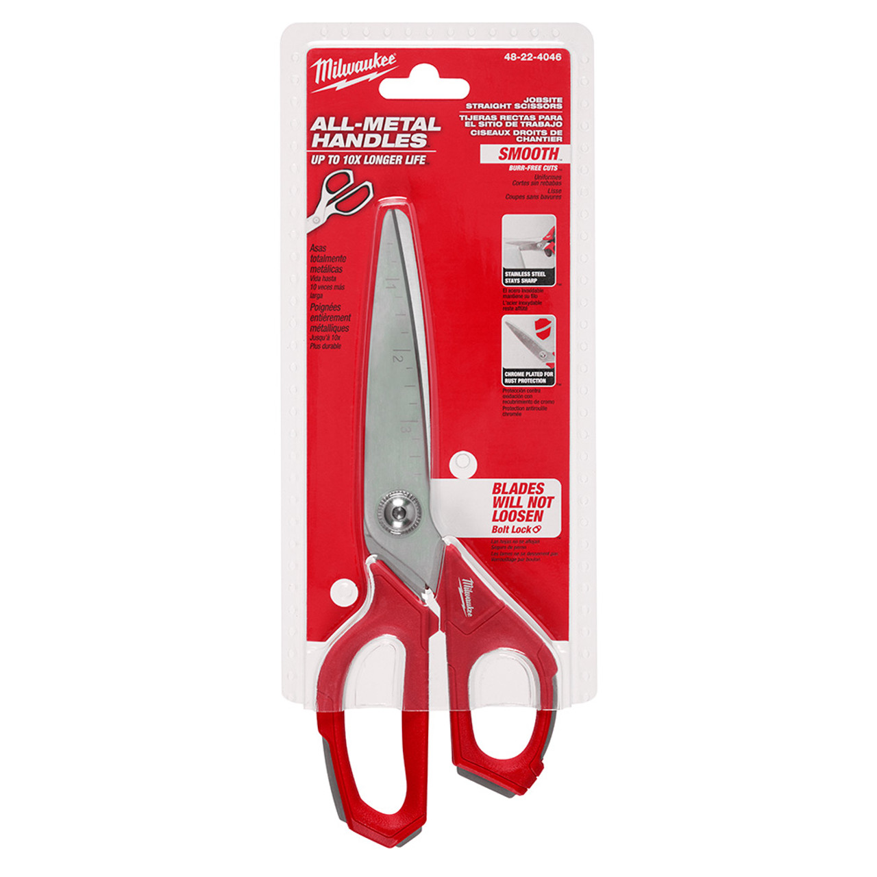 Milwaukee 48-22-4046 Jobsite Straight Scissors showing scissors in packaging Milwaukee 48-22-4046 Jobsite Straight Scissors showing scissors in packaging