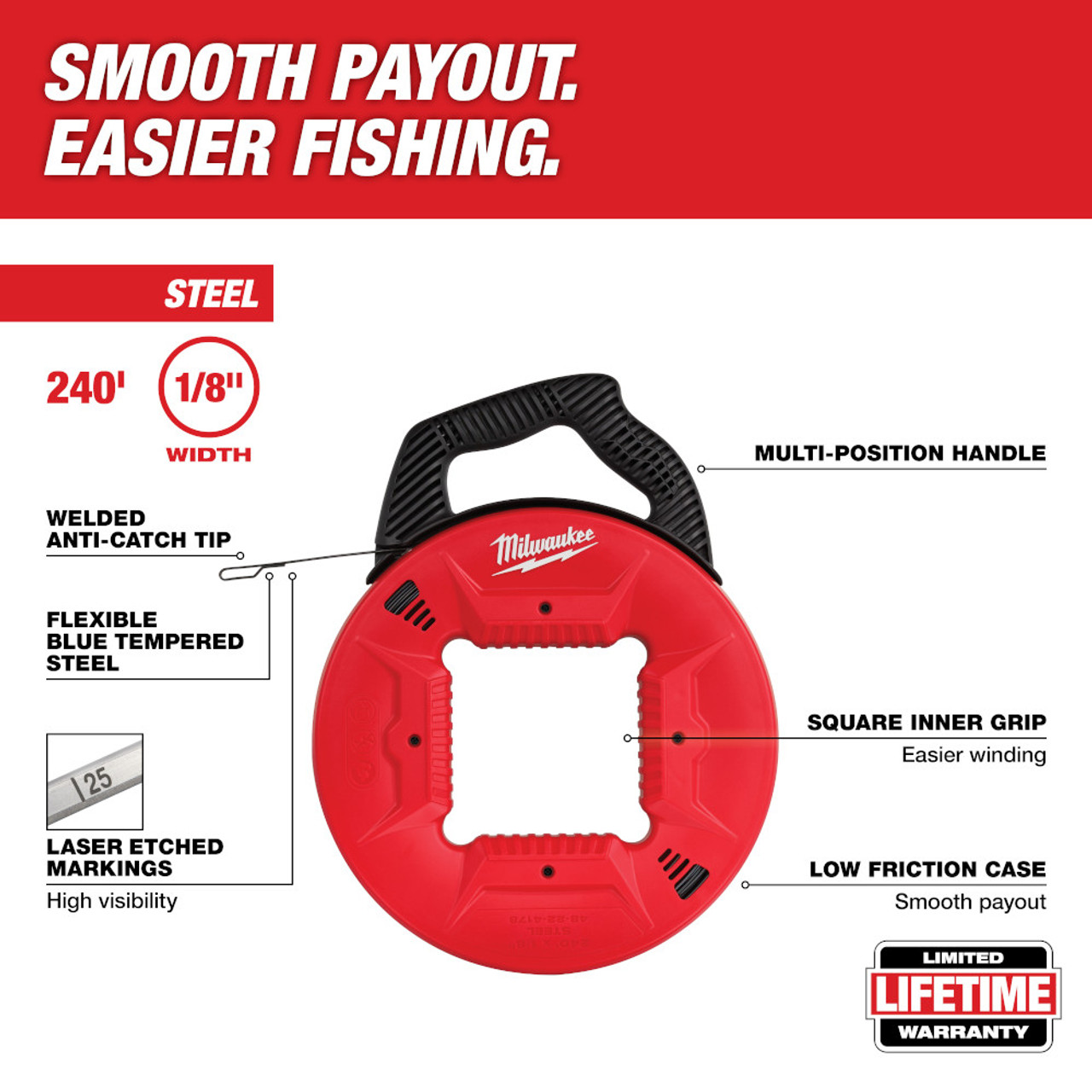 Milwaukee 48-22-4178 240 feet 1/8 inch Steel Fish Tape showing features of the fish tape Milwaukee 48-22-4178 240 feet 1/8 inch Steel Fish Tape showing features of the fish tape