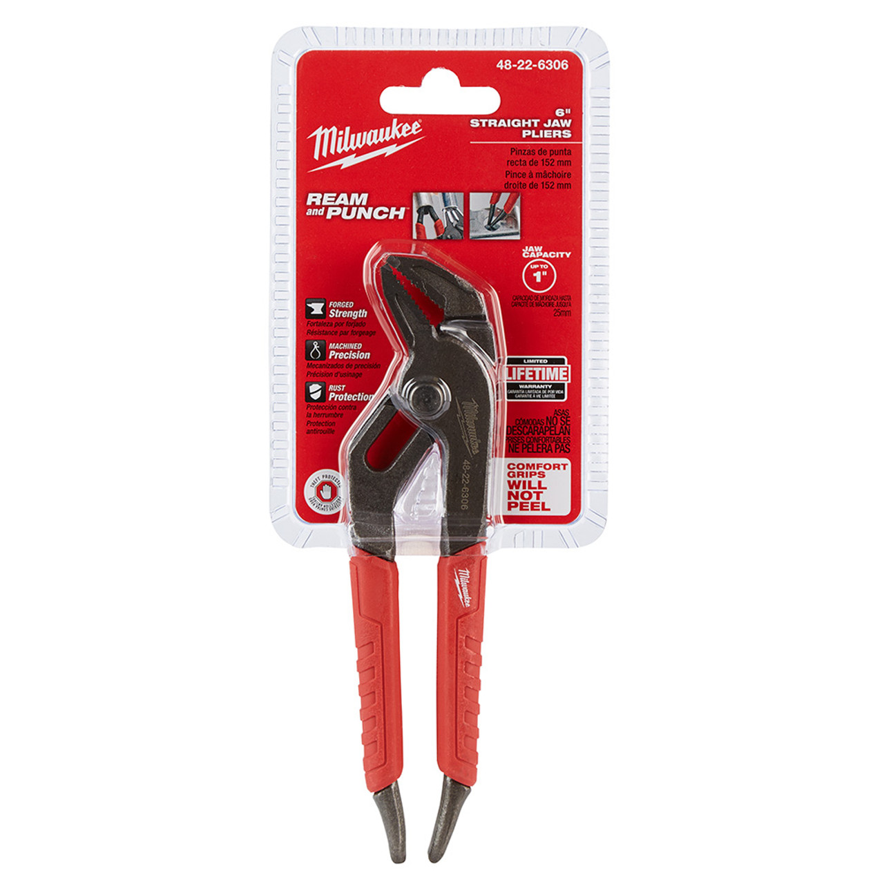 Milwaukee 48-22-6306 6 inch Comfort Grip Straight-Jaw Pliers showing pliers in packaging Milwaukee 48-22-6306 6 inch Comfort Grip Straight-Jaw Pliers showing pliers in packaging