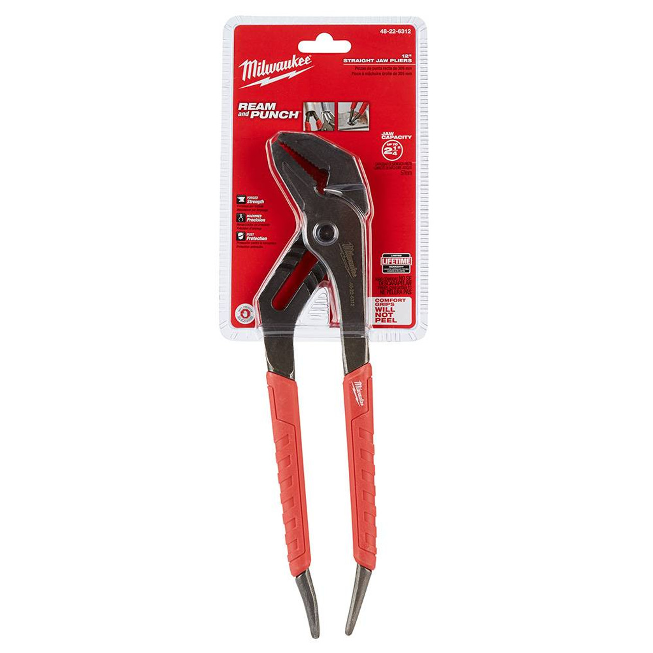 Milwaukee 48-22-6312 12 inch Comfort Grip Straight-Jaw Pliers showing pliers in packaging Milwaukee 48-22-6312 12 inch Comfort Grip Straight-Jaw Pliers showing pliers in packaging
