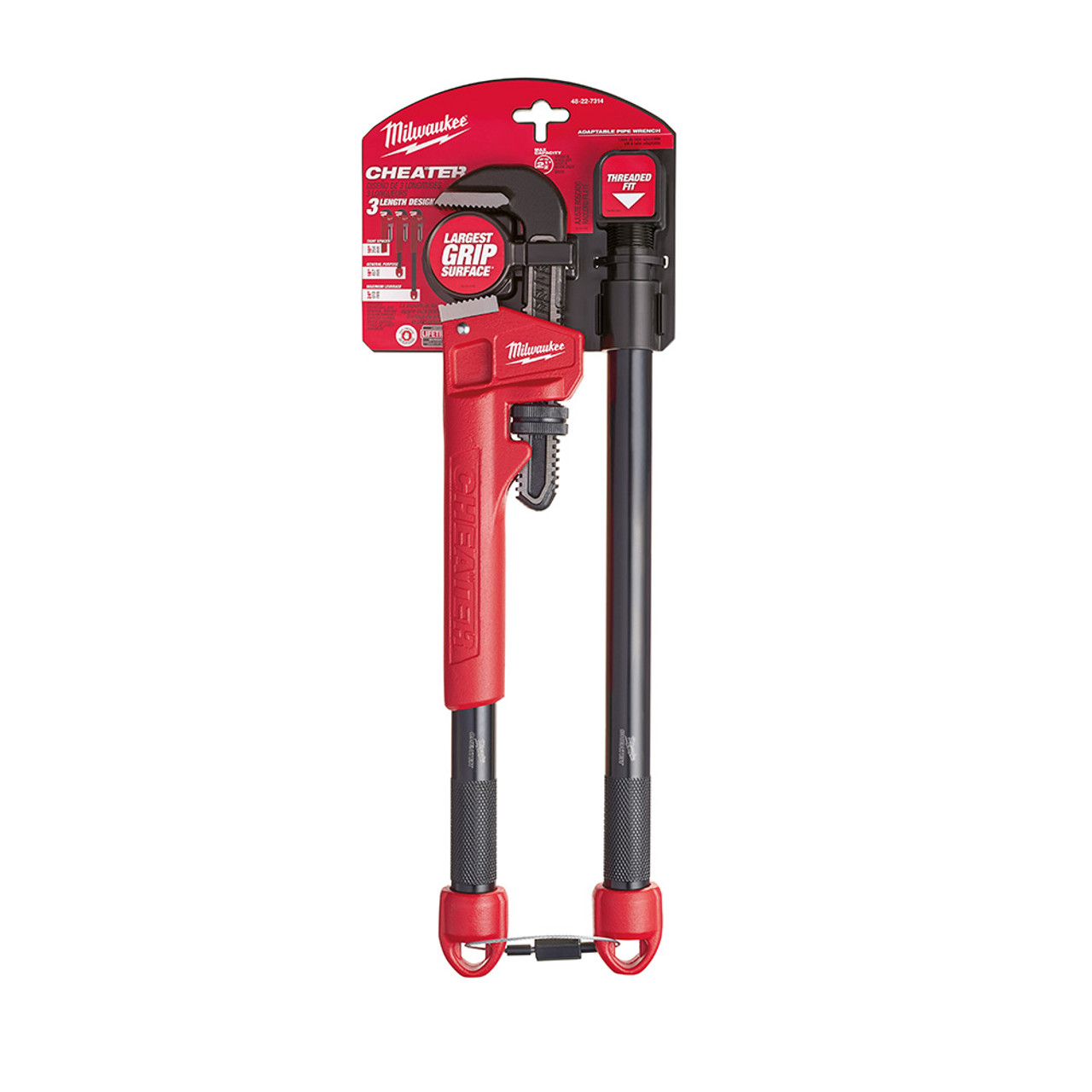 Milwaukee 48-22-7314 CHEATER Steel Adaptable Pipe Wrench showing wrench in packaging Milwaukee 48-22-7314 CHEATER Steel Adaptable Pipe Wrench showing wrench in packaging