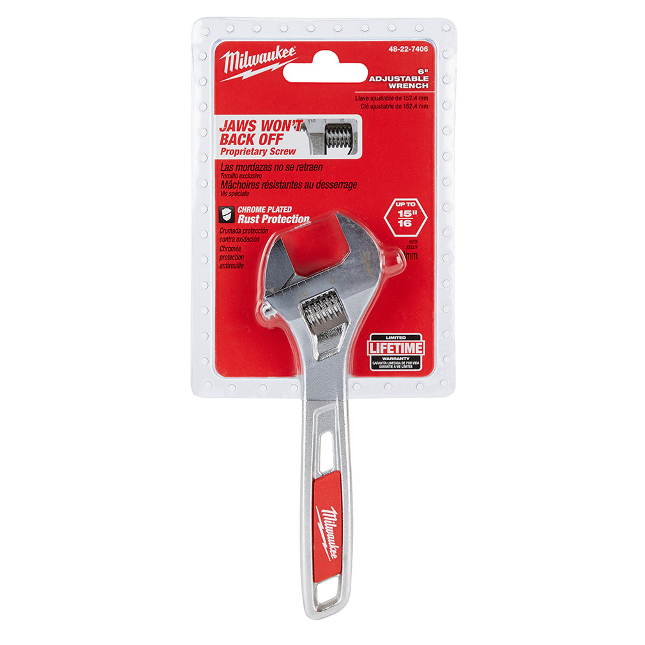 Milwaukee 48-22-7406 6 inch Adjustable Wrench showing wrench in packaging Milwaukee 48-22-7406 6 inch Adjustable Wrench showing wrench in packaging