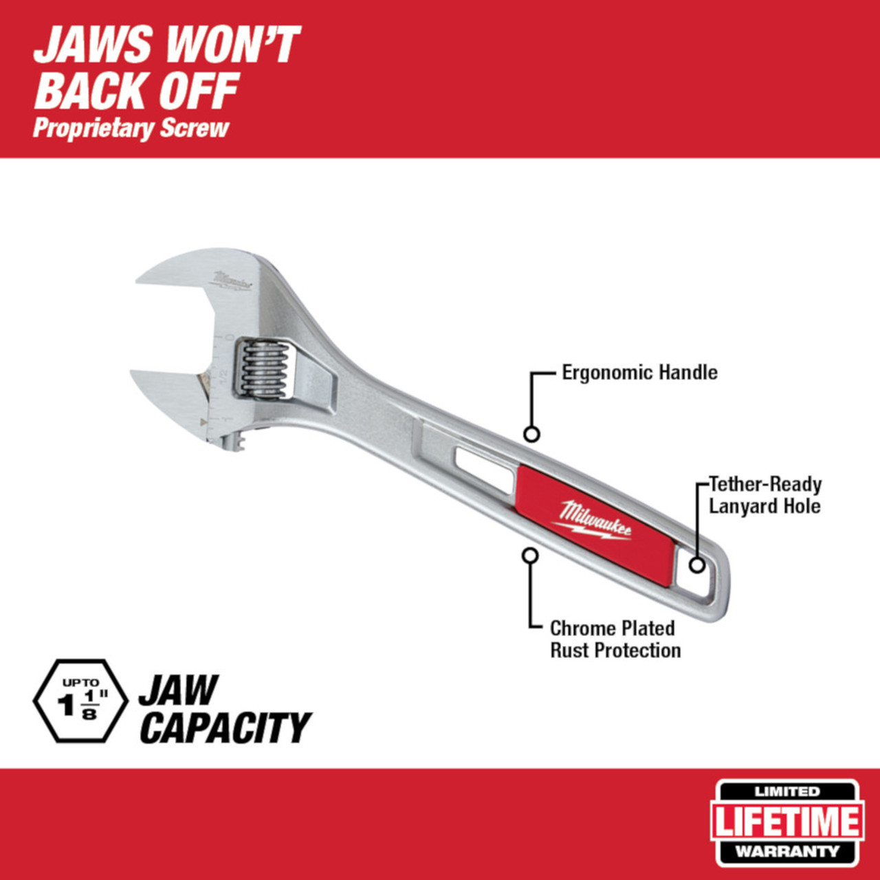 Milwaukee 48-22-7408 8 inch Adjustable Wrench showing with features of the wrench Milwaukee 48-22-7408 8 inch Adjustable Wrench showing with features of the wrench