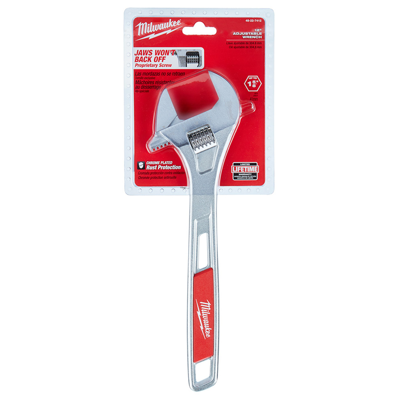 Milwaukee 48-22-7412 12 inch Adjustable Wrench showing wrench in packaging Milwaukee 48-22-7412 12 inch Adjustable Wrench showing wrench in packaging