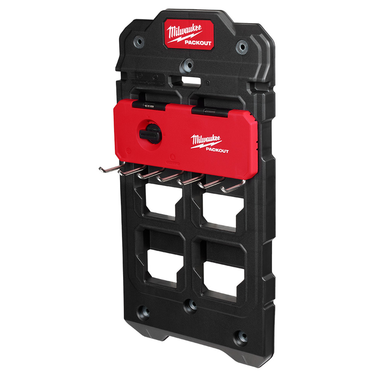 Milwaukee 48-22-8329 PACKOUT 7-Hook Rack showing hook locked and mounted to packout wall bracket