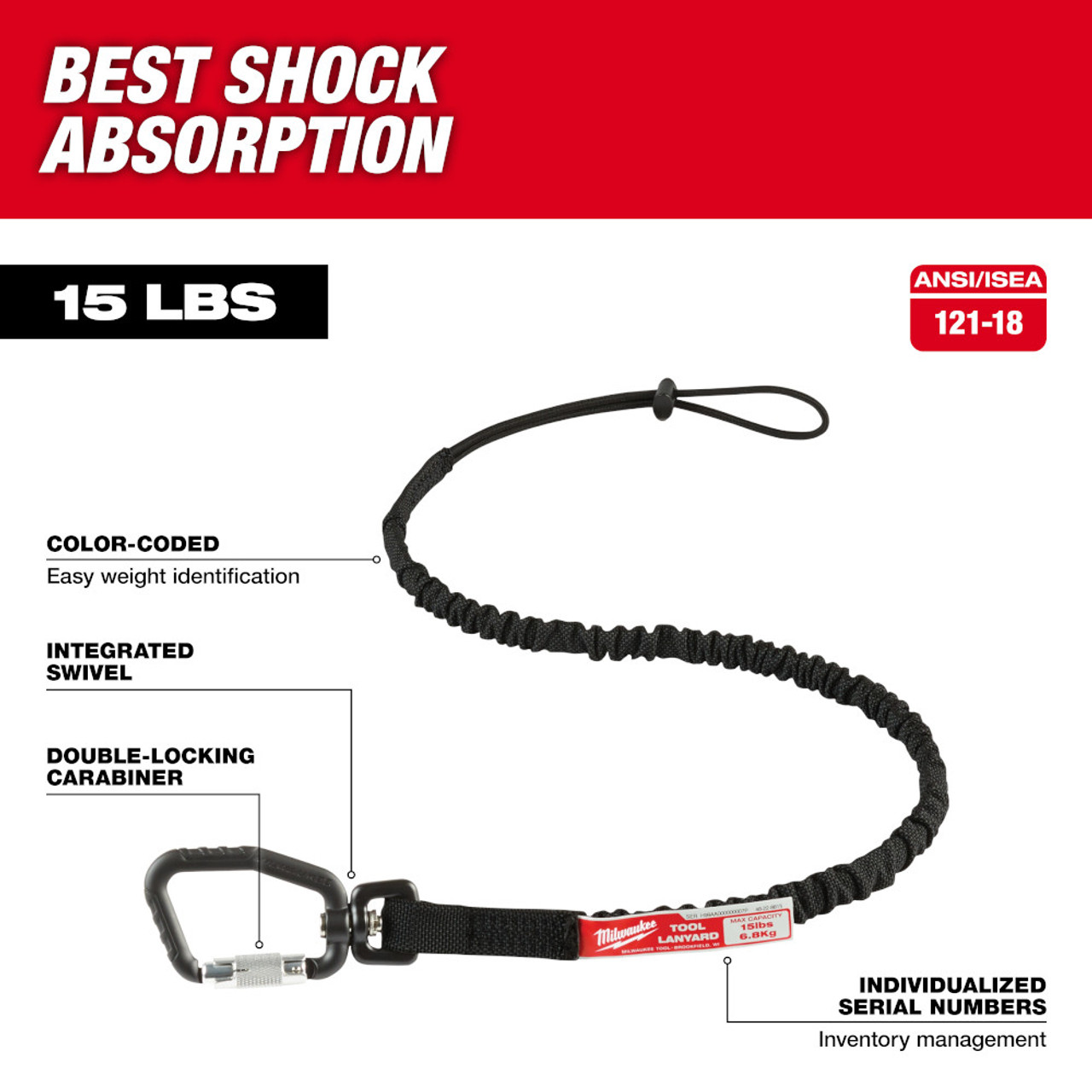 Milwaukee 48-22-8815 15lbs 36 inch Locking Tool Lanyard showing features of the lanyard showing in use mounted to a hammer drill (hammer drill sold separately) Milwaukee 48-22-8815 15lbs 36 inch Locking Tool Lanyard showing features of the lanyard showing in use mounted to a hammer drill (hammer drill sold separately)